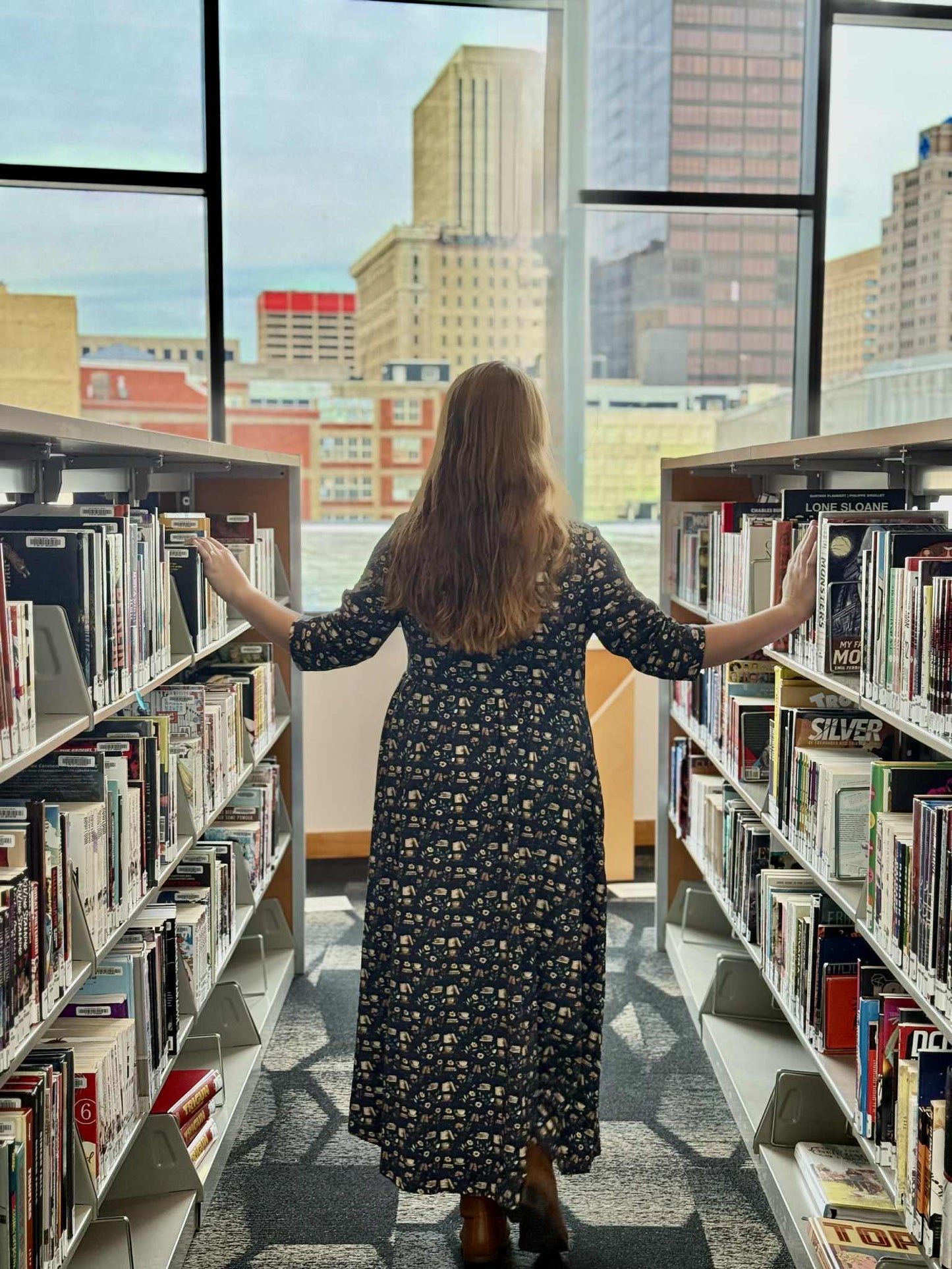 Blue Cotton "Novella" Book Print Homestead Nursing Friendly Dress