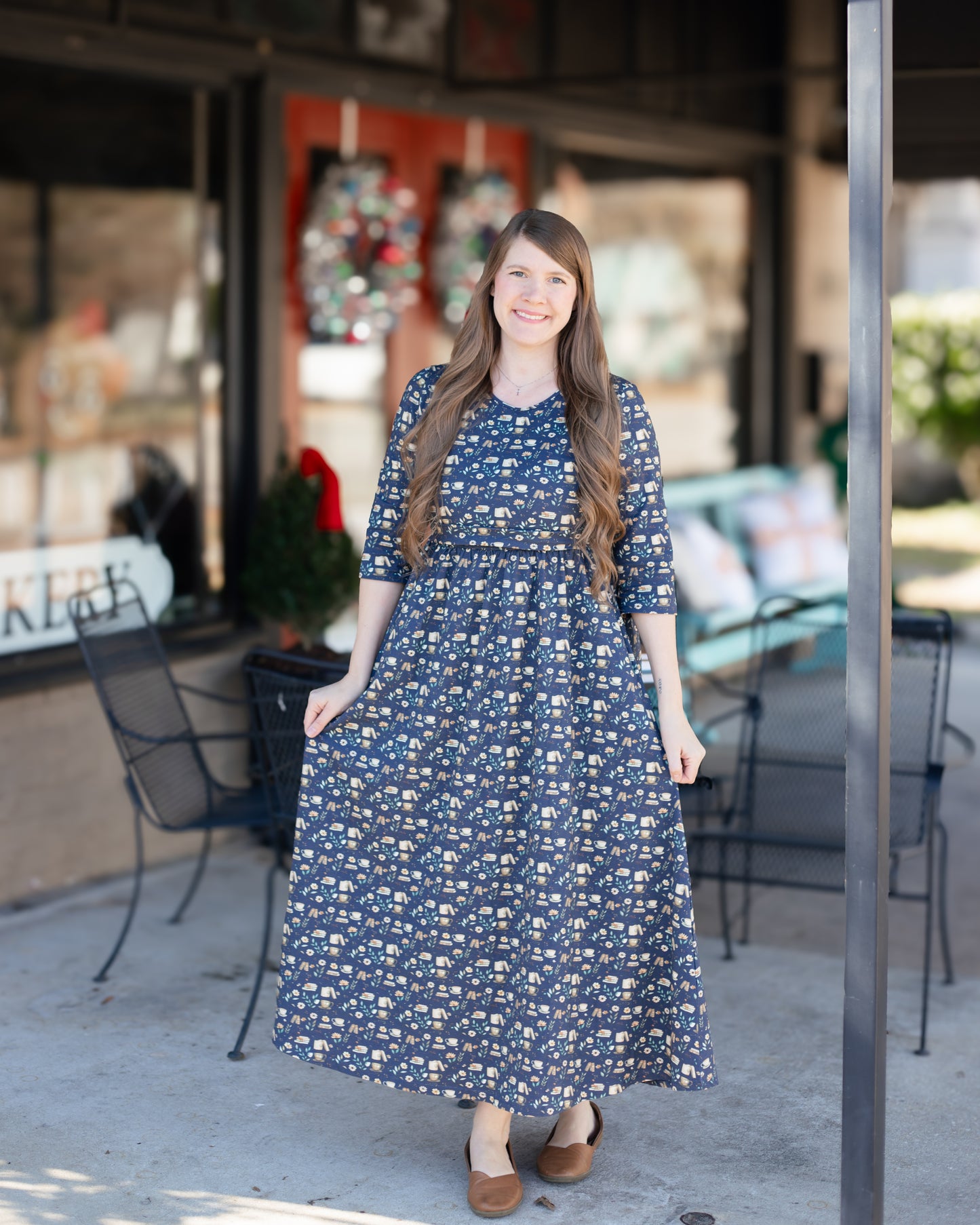 Blue Cotton "Novella" Book Print Homestead Nursing Friendly Dress