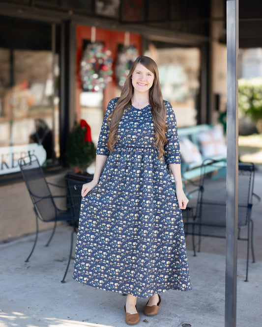 Blue Cotton "Novella" Book Print Homestead Nursing Friendly Dress