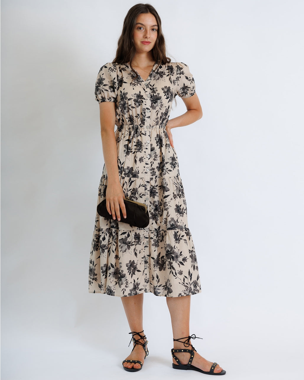 100% Cotton Black & Beige Floral Dress