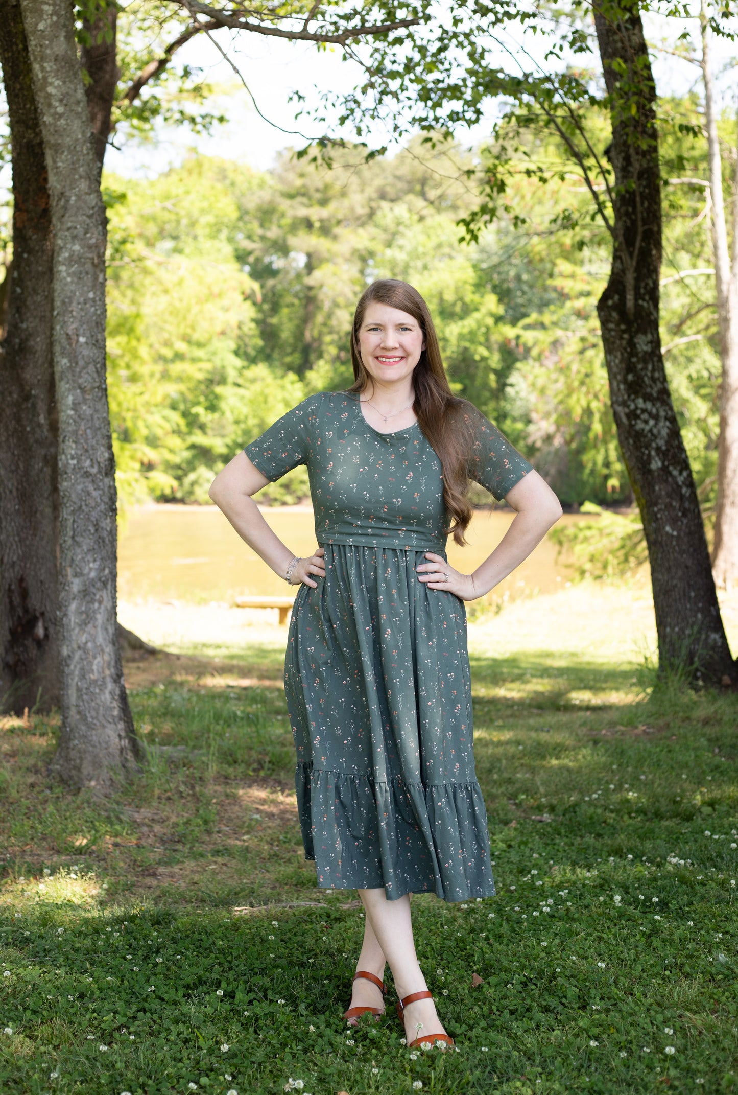 Forest Blooms Cotton Tiered Midi Dress with Natural Waist Bodice
