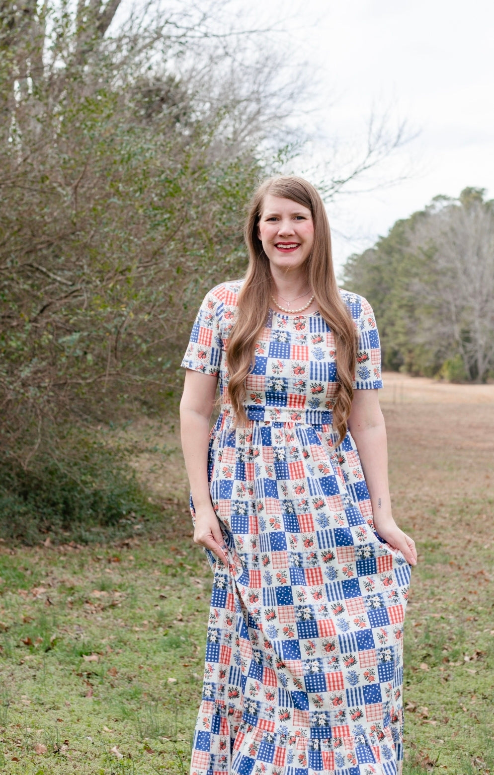 Patriotic Patchwork Prairie Style Cotton Maxi Dress with Natural Waist Bodice Nursing Friendly