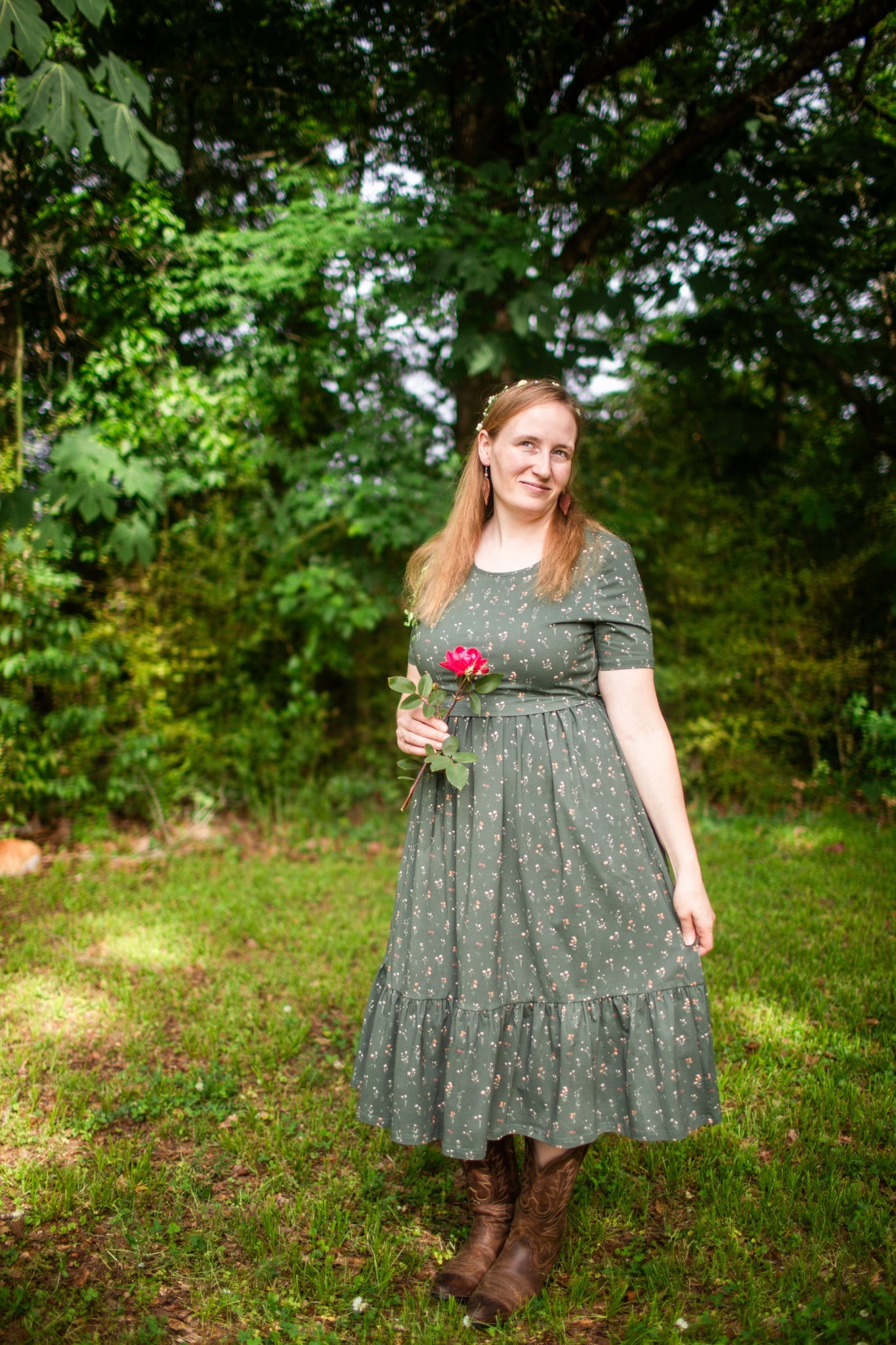 Forest Blooms Cotton Tiered Midi Dress with Natural Waist Bodice