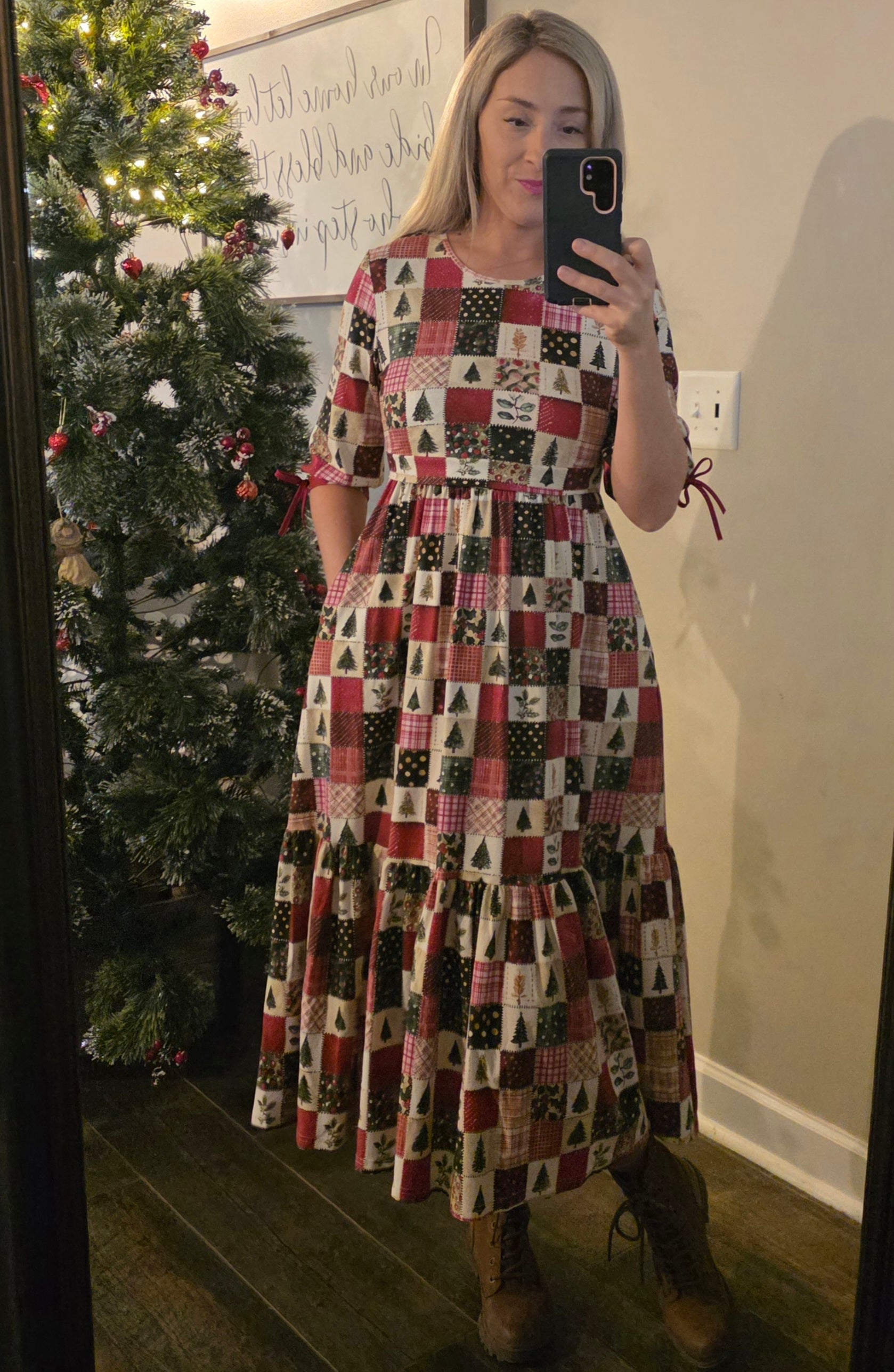 Holiday Patchwork Cotton Tiered Midi Dress