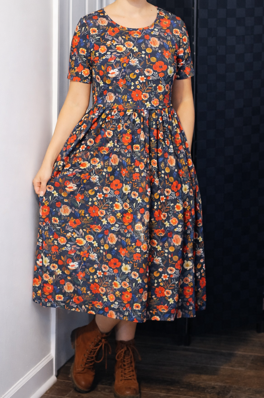 "Antique Floral" Prairie Style Nursing-Friendly Cotton Midi Dress with Natural Waist Bodice Nursing Friendly