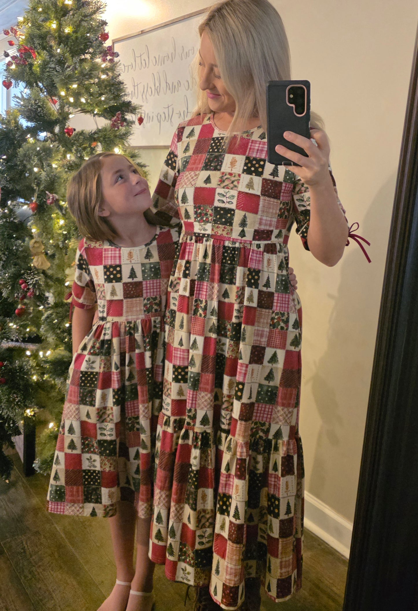 Holiday Patchwork Cotton Tiered Midi Dress