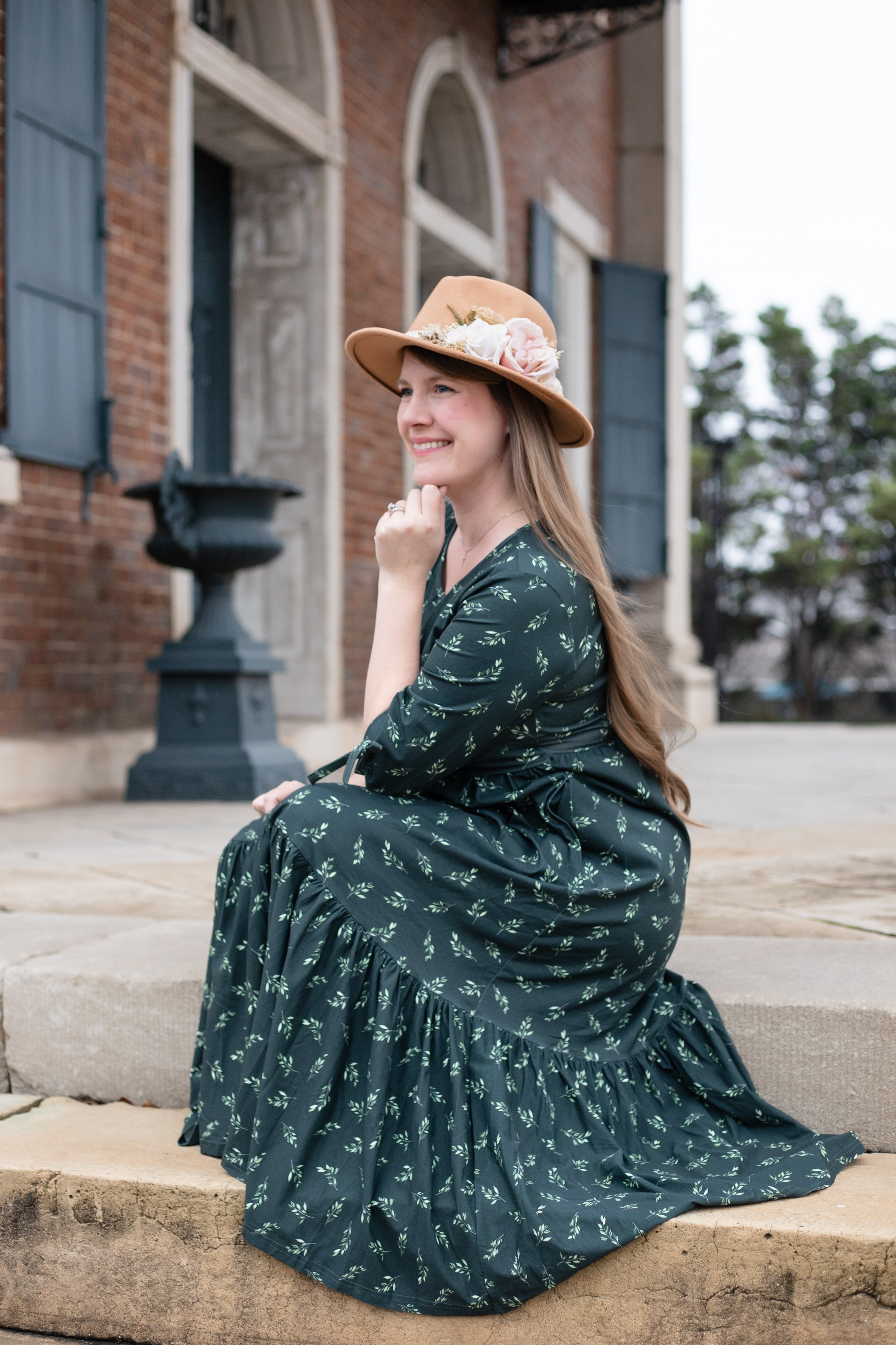 Olive Branch Nursing Friendly Cotton Tiered Midi Dress in Dark Green