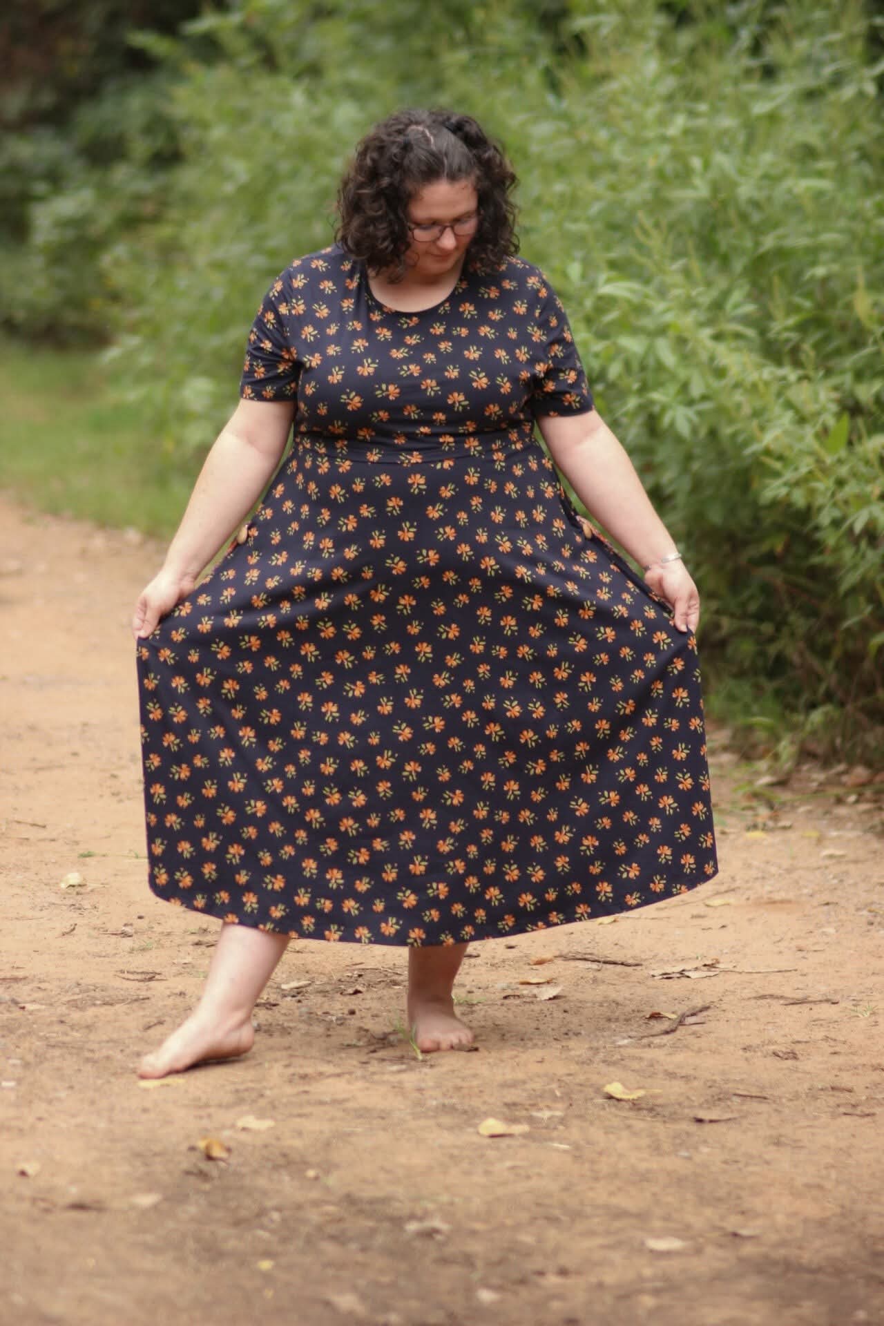 Cotton "Orange Blossom"  Nursing Friendly Dress in Navy