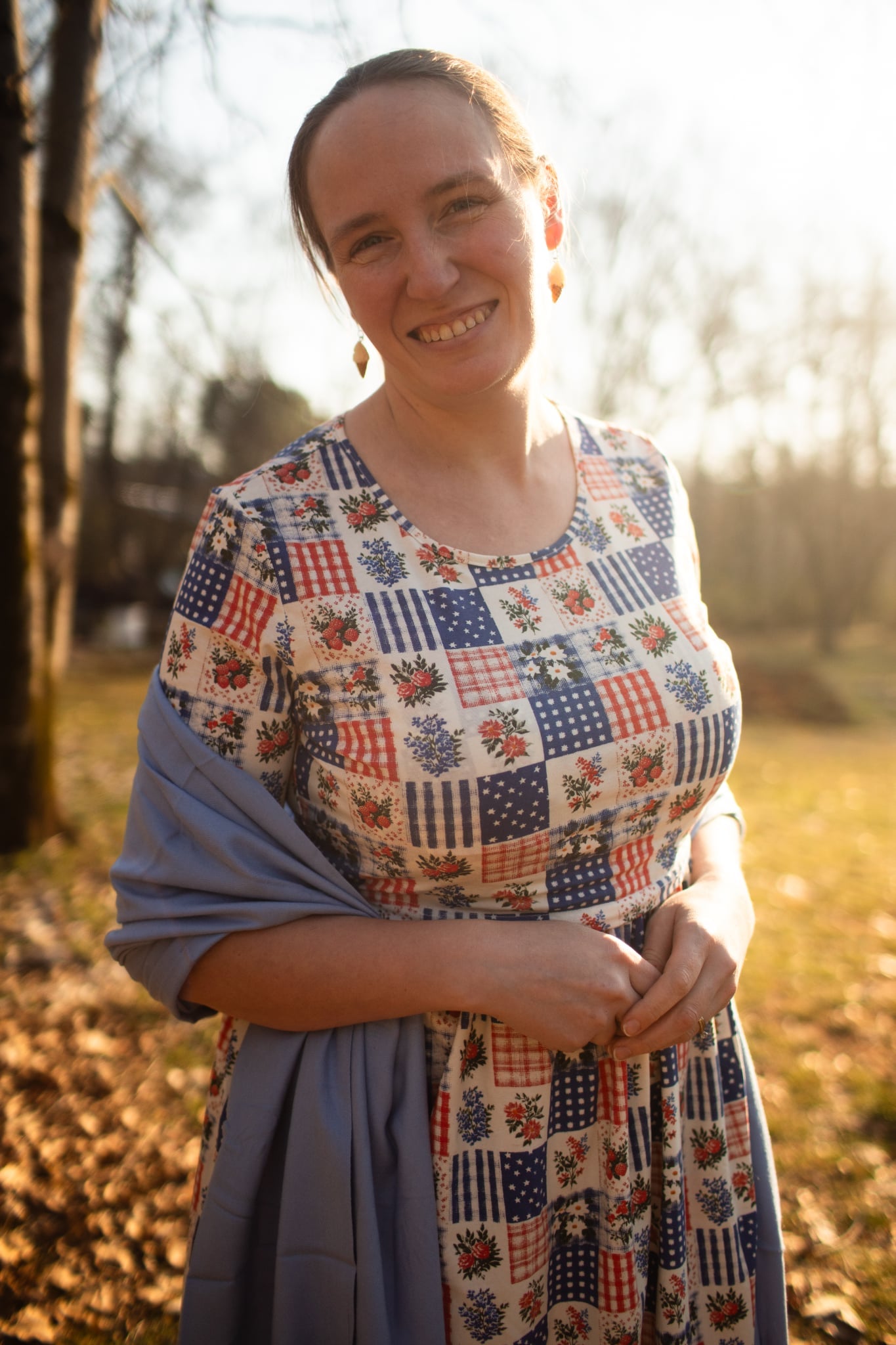 Patriotic Patchwork Prairie Style Nursing-Friendly Cotton Midi Dress with Natural Waist Bodice Nursing Friendly