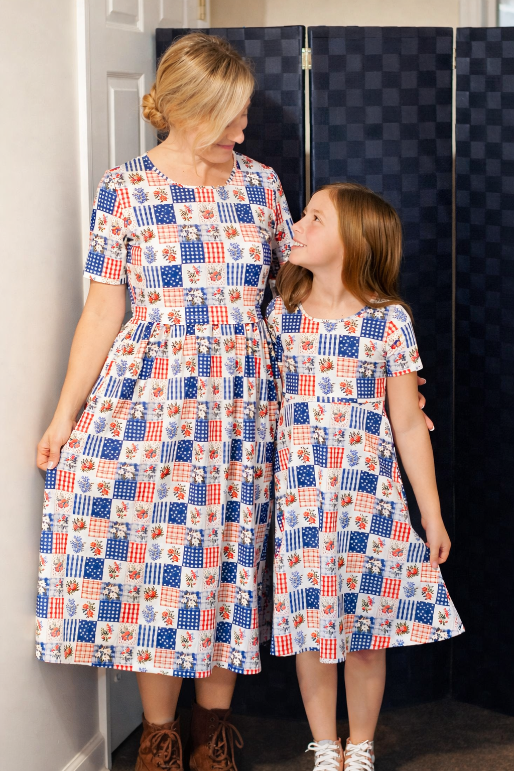Patriotic Patchwork Prairie Style Nursing-Friendly Cotton Midi Dress with Natural Waist Bodice Nursing Friendly