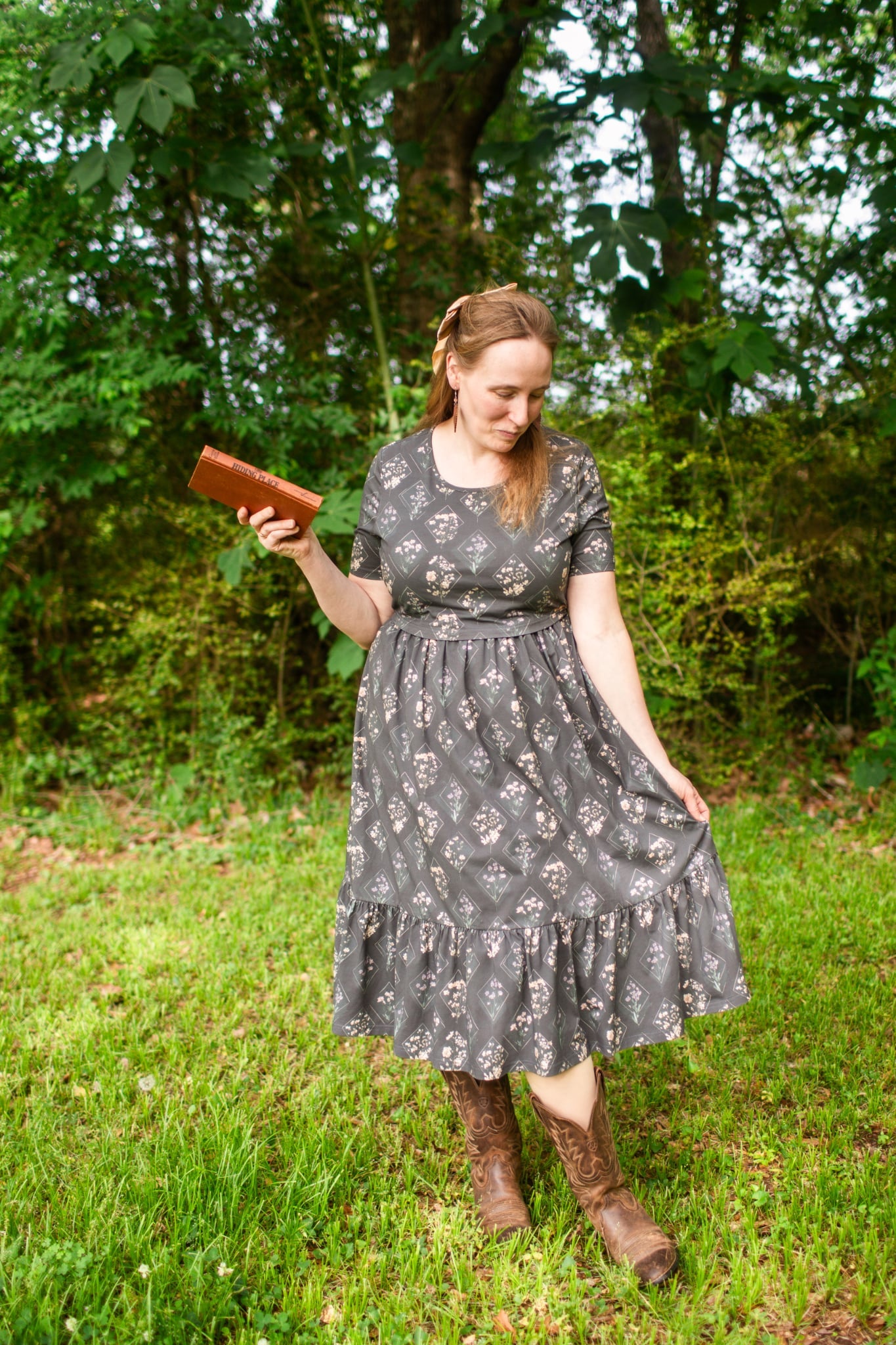Moonlit Meadow Cotton Midi Dress with Natural Waist Bodice