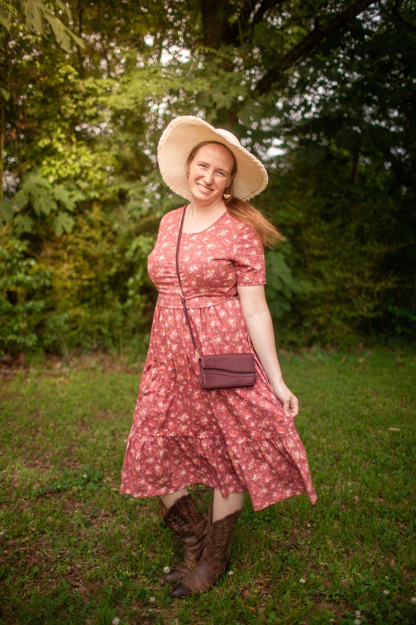 Romantic Blooms Cotton Tiered Midi Dress with Natural Waist Bodice