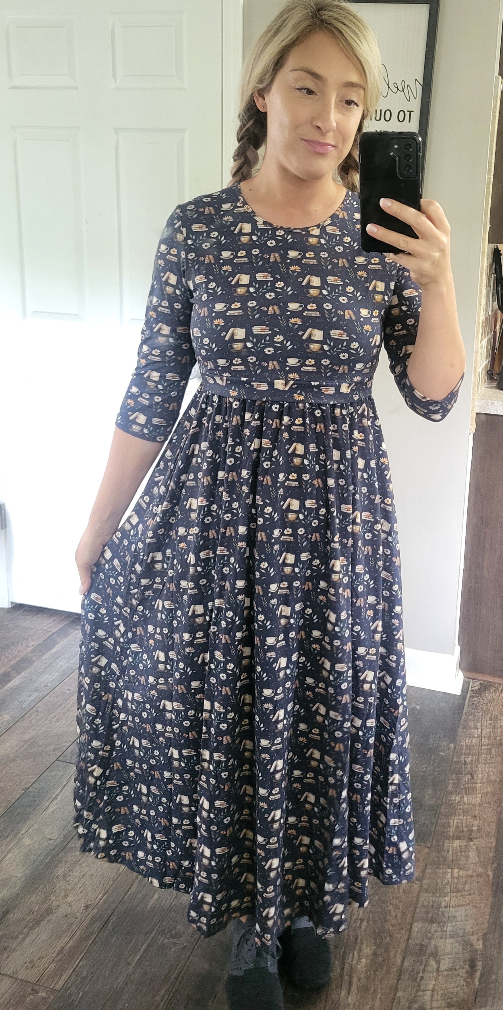 Blue Cotton "Novella" Book Print Homestead Nursing Friendly Dress