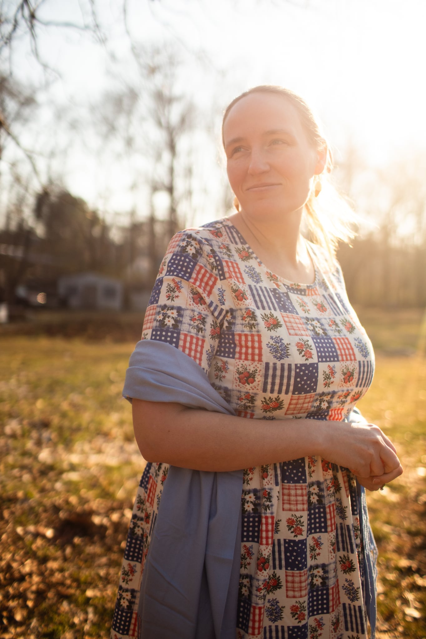 Patriotic Patchwork Prairie Style Cotton Maxi Dress with Natural Waist Bodice Nursing Friendly