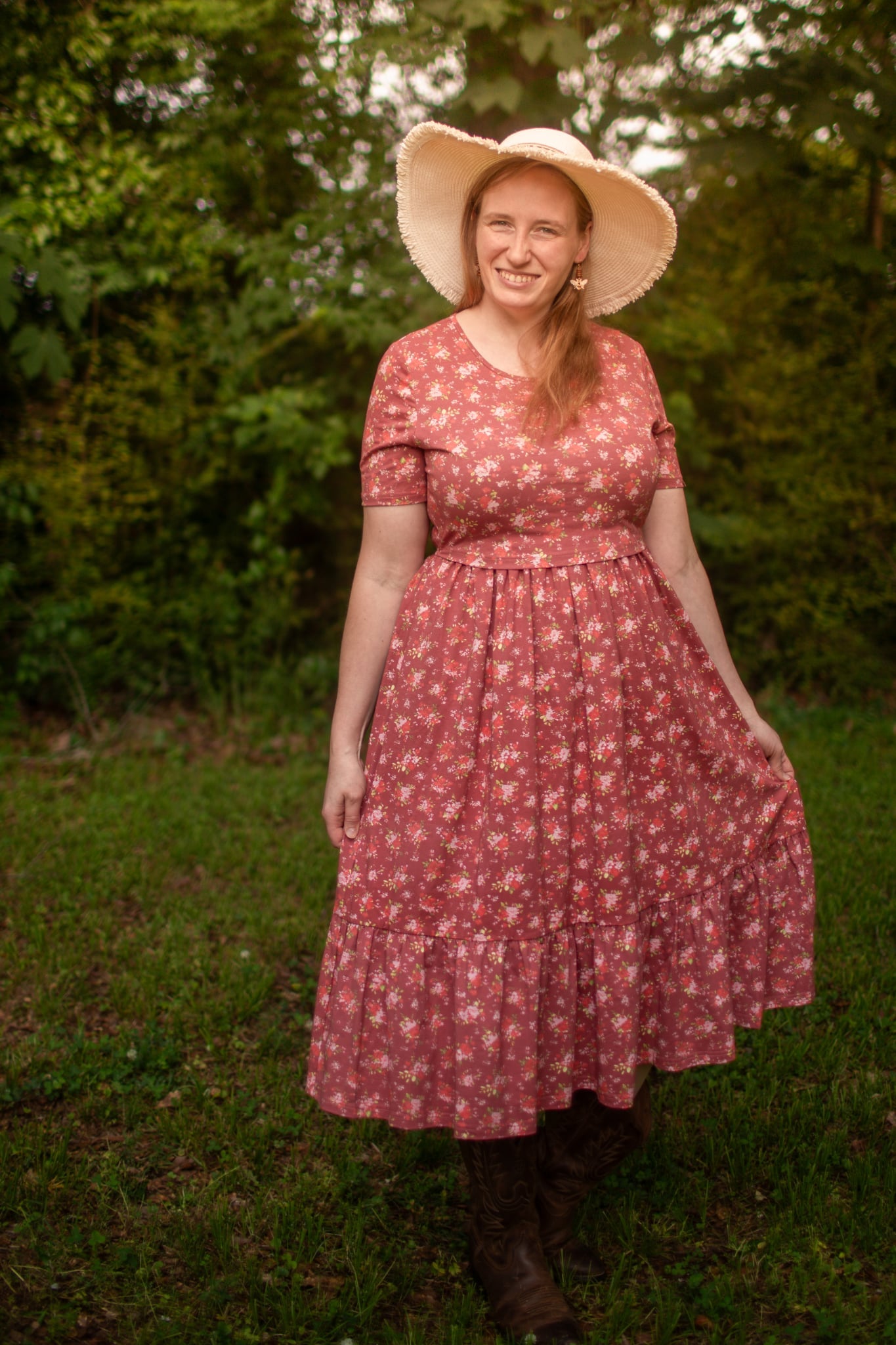 Romantic Blooms Cotton Tiered Midi Dress with Natural Waist Bodice