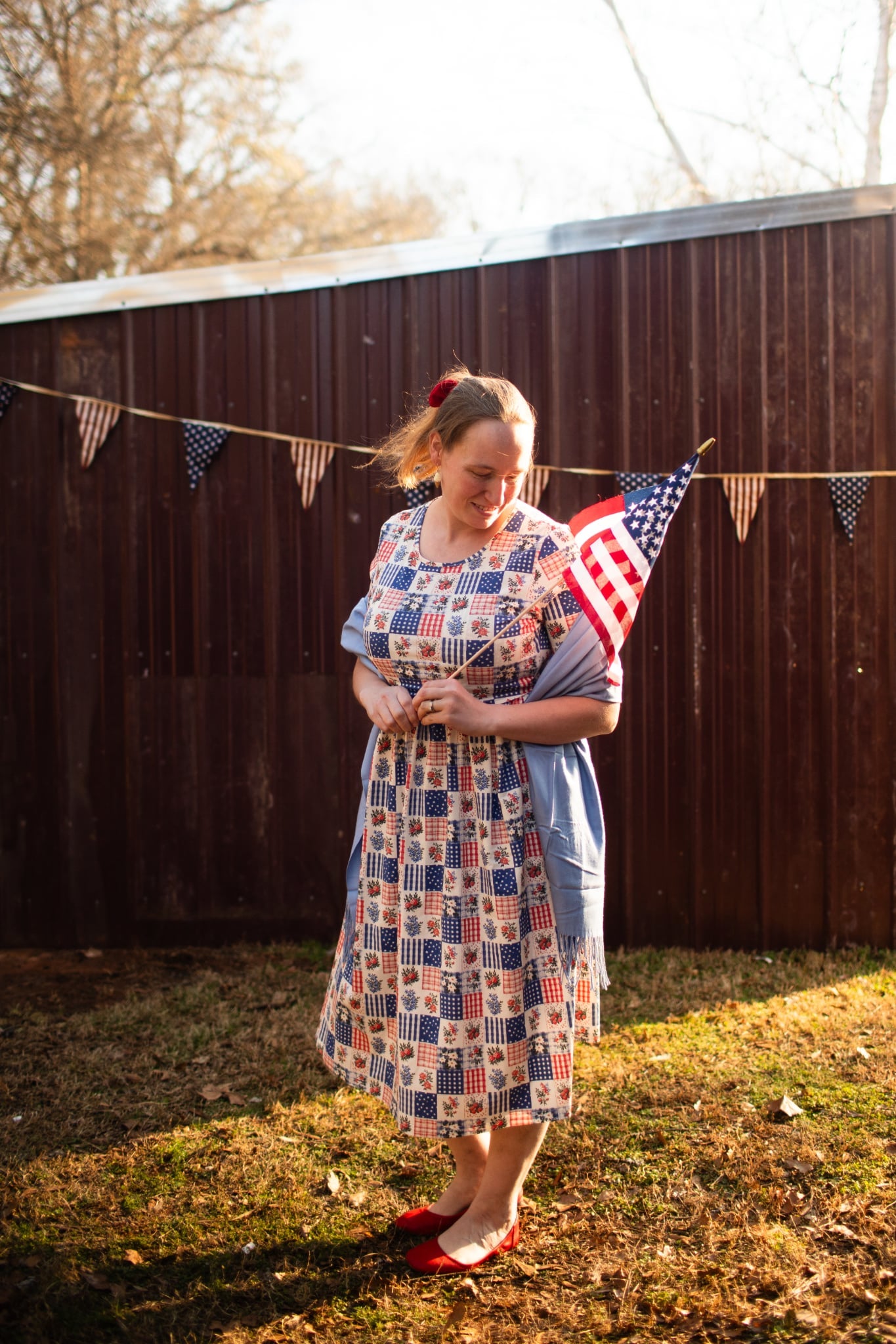 Patriotic Patchwork Prairie Style Nursing-Friendly Cotton Midi Dress with Natural Waist Bodice Nursing Friendly