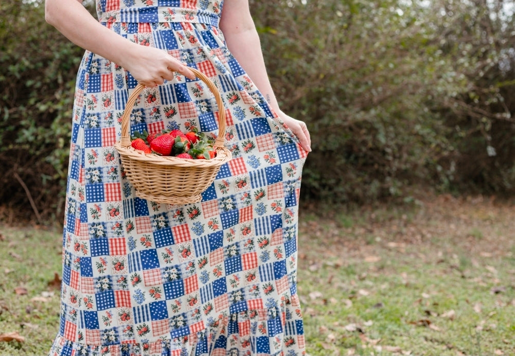 Patriotic Patchwork Prairie Style Cotton Maxi Dress with Natural Waist Bodice Nursing Friendly