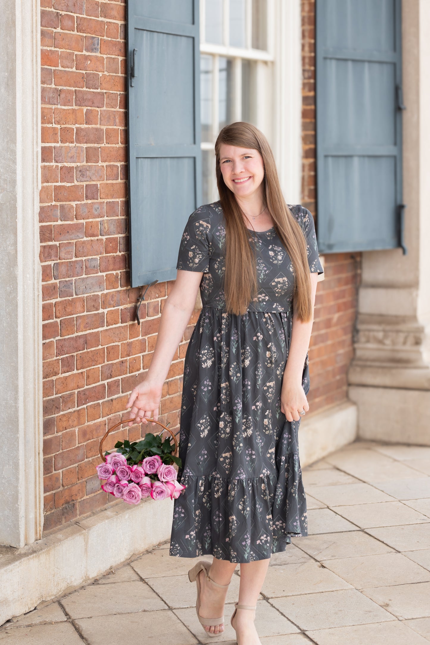 Moonlit Meadow Cotton Midi Dress with Natural Waist Bodice