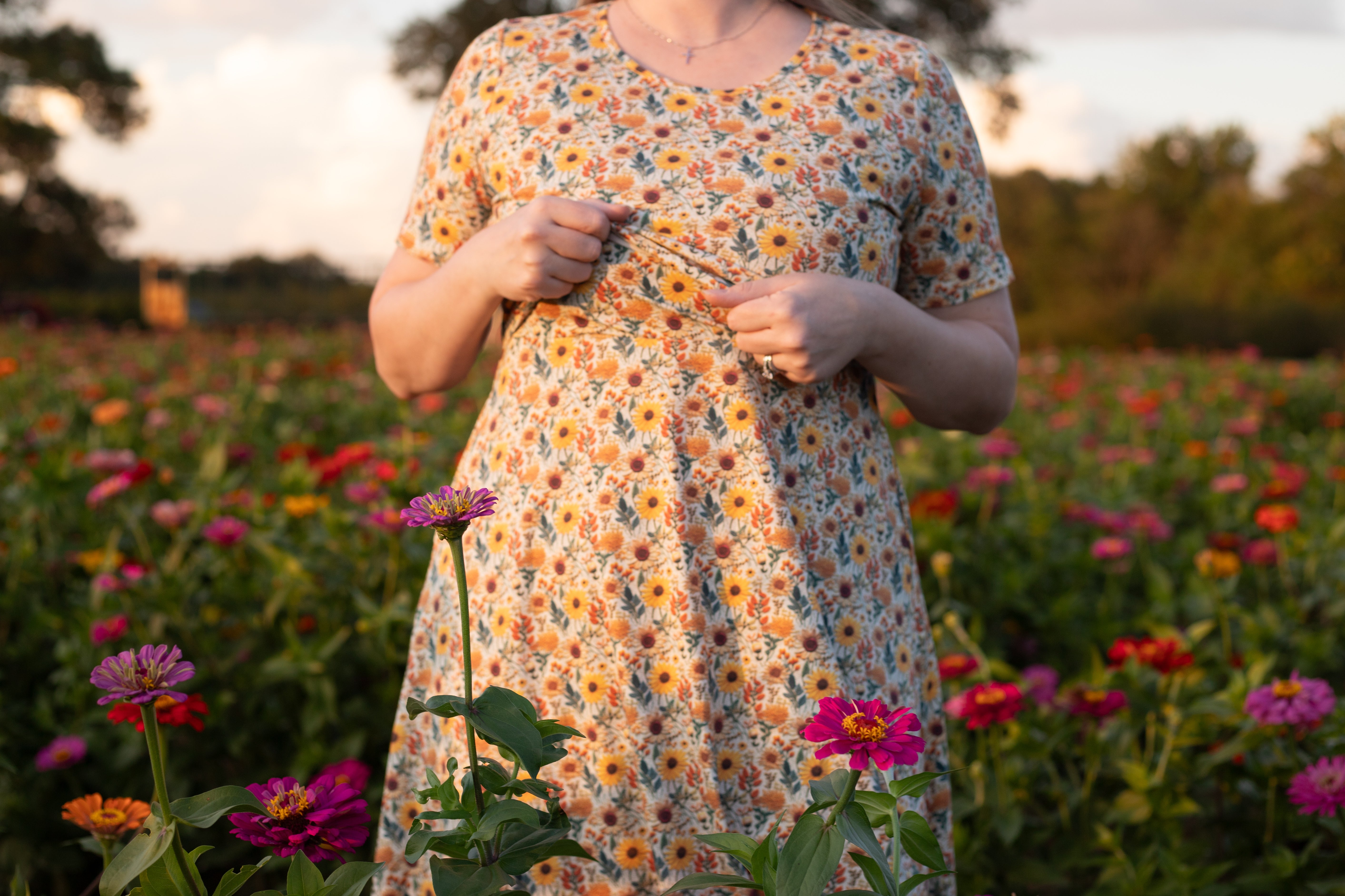 Cotton Sunflower  Floral Nursing Friendly Twirl Dress