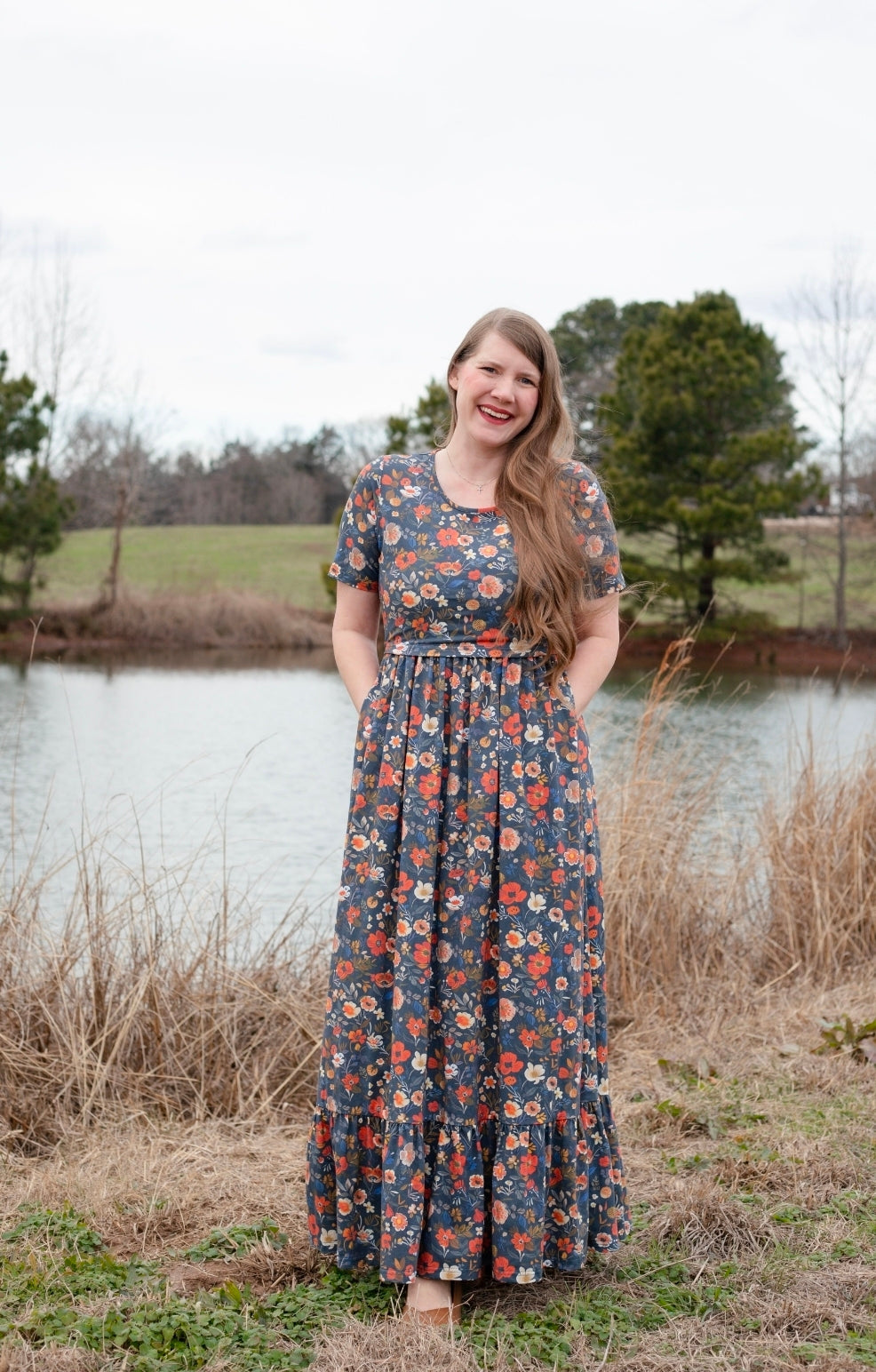 Antique Floral Prairie Style Cotton Maxi Dress with Natural Waist Bodice Nursing Friendly