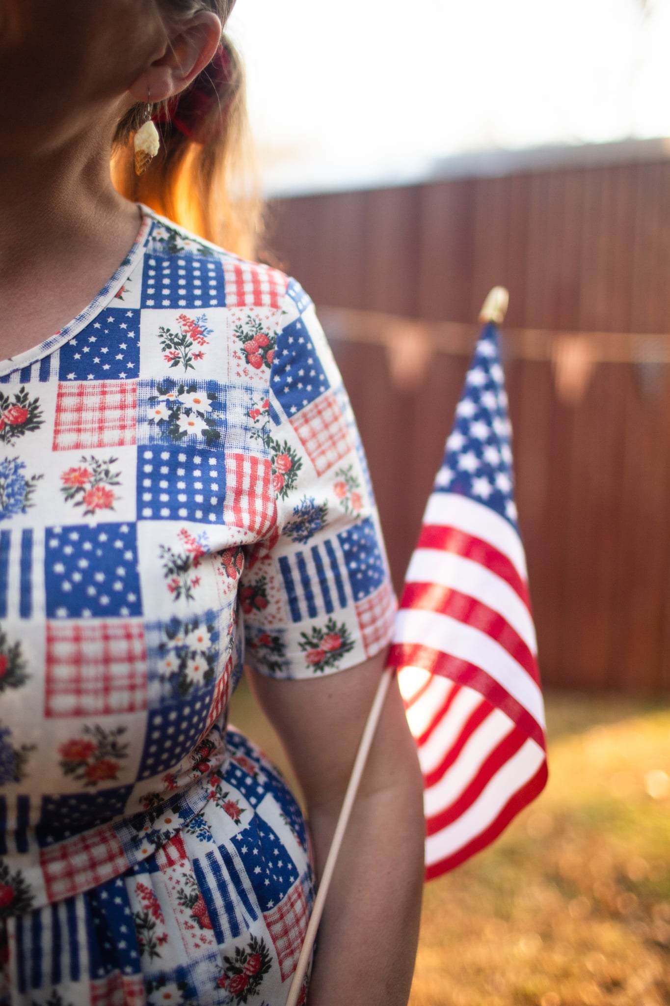 Patriotic Patchwork Prairie Style Cotton Maxi Dress with Natural Waist Bodice Nursing Friendly