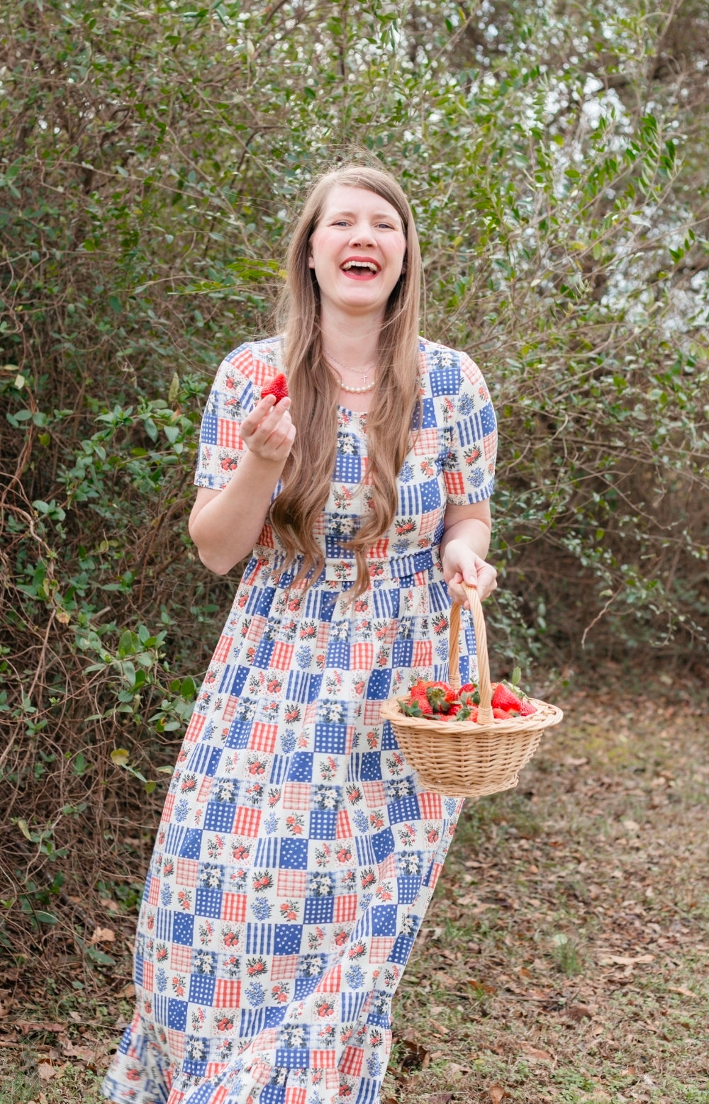 Patriotic Patchwork Prairie Style Cotton Maxi Dress with Natural Waist Bodice Nursing Friendly