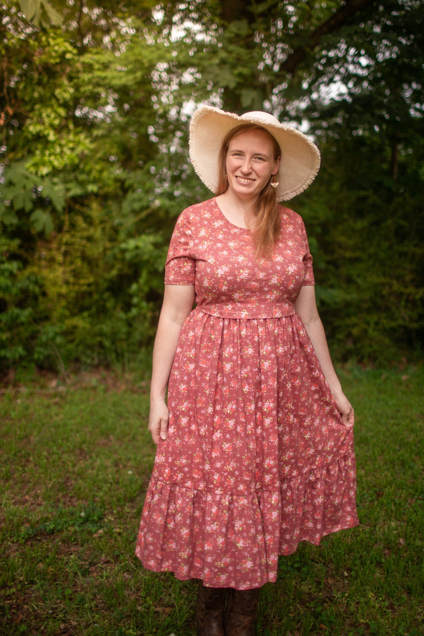 Romantic Blooms Cotton Tiered Midi Dress with Natural Waist Bodice