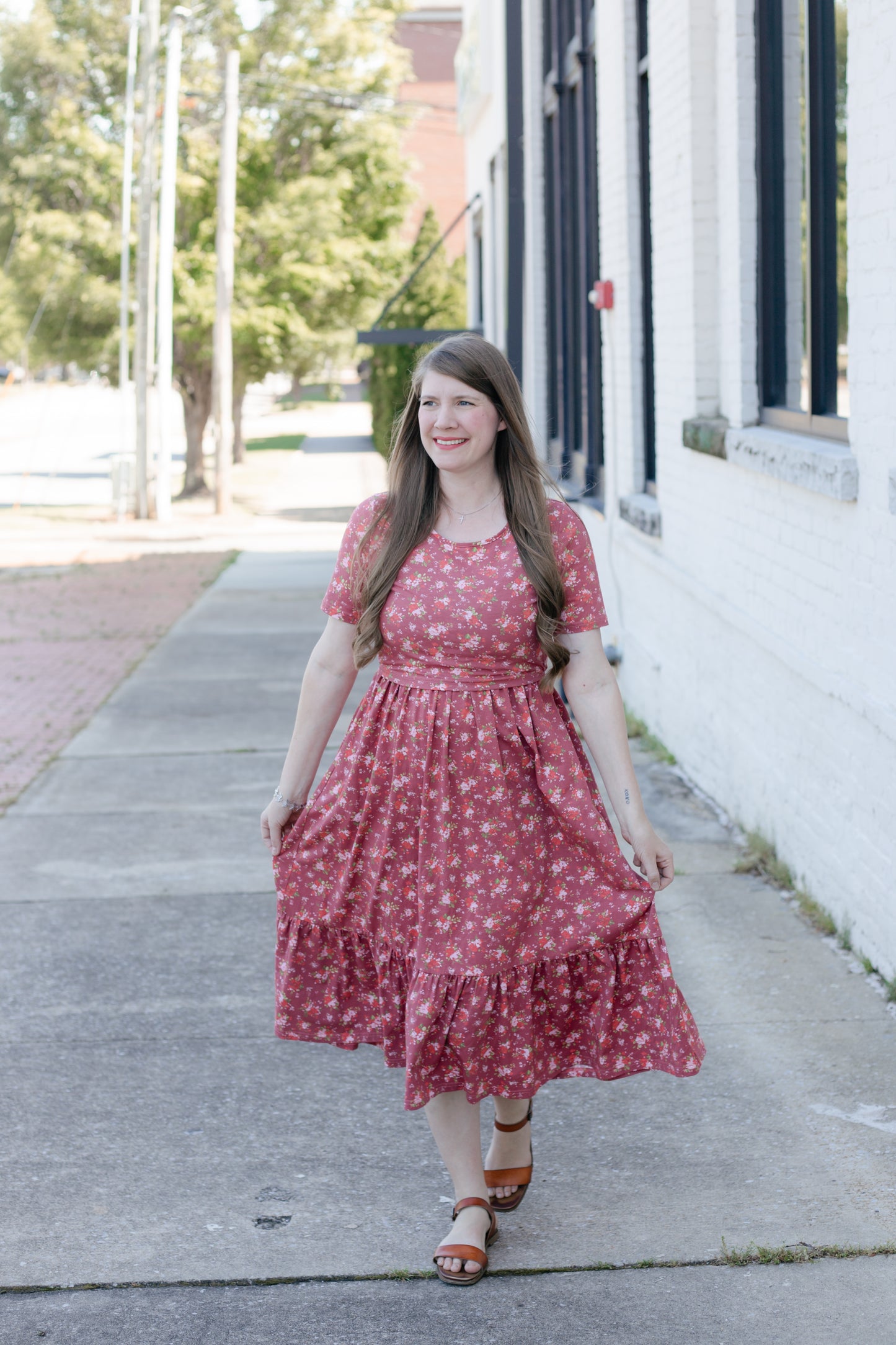 Romantic Blooms Cotton Tiered Midi Dress with Natural Waist Bodice
