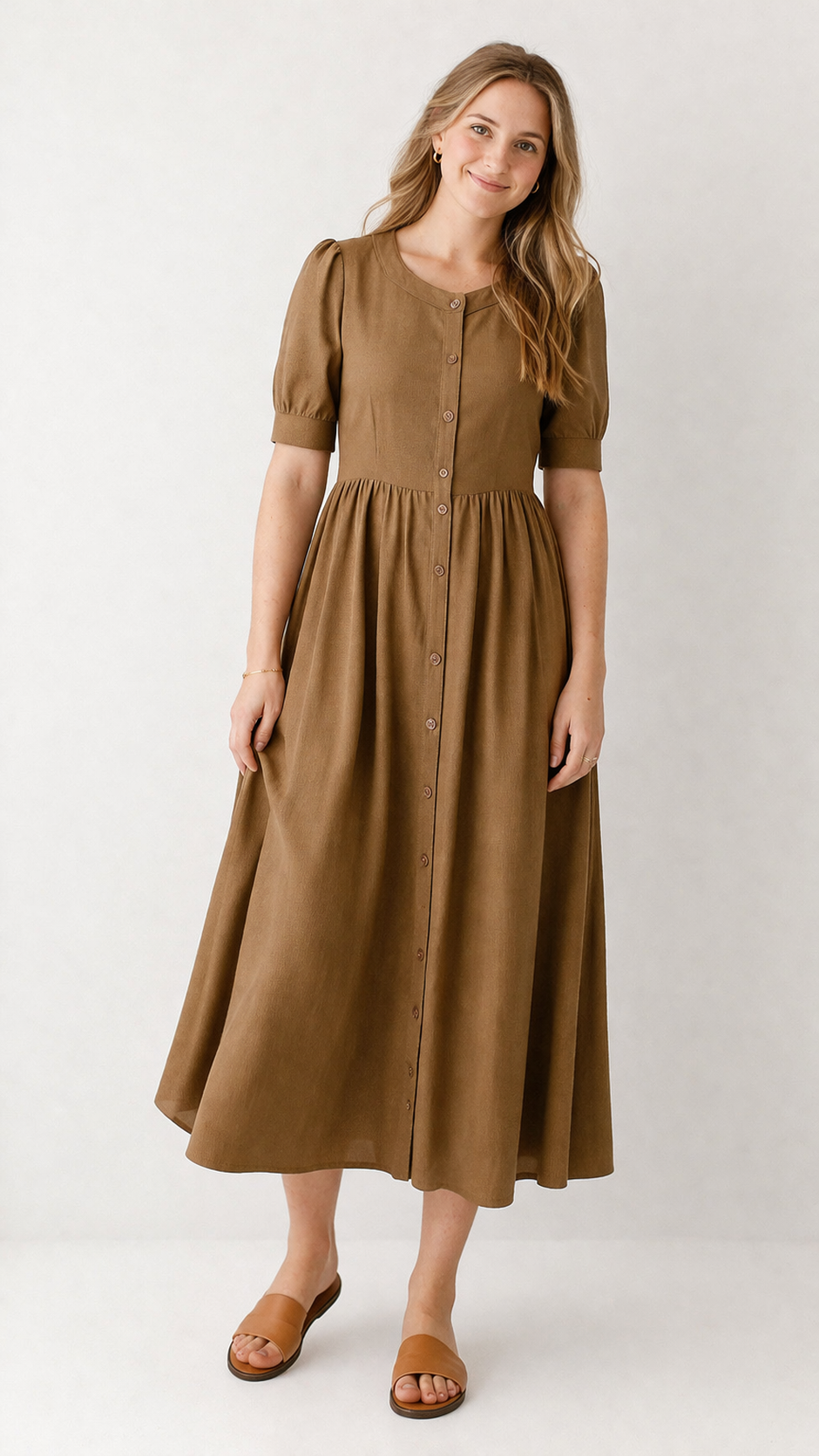 Cotton/Linen Vintage Inspired Nursing Friendly Dress in Brown