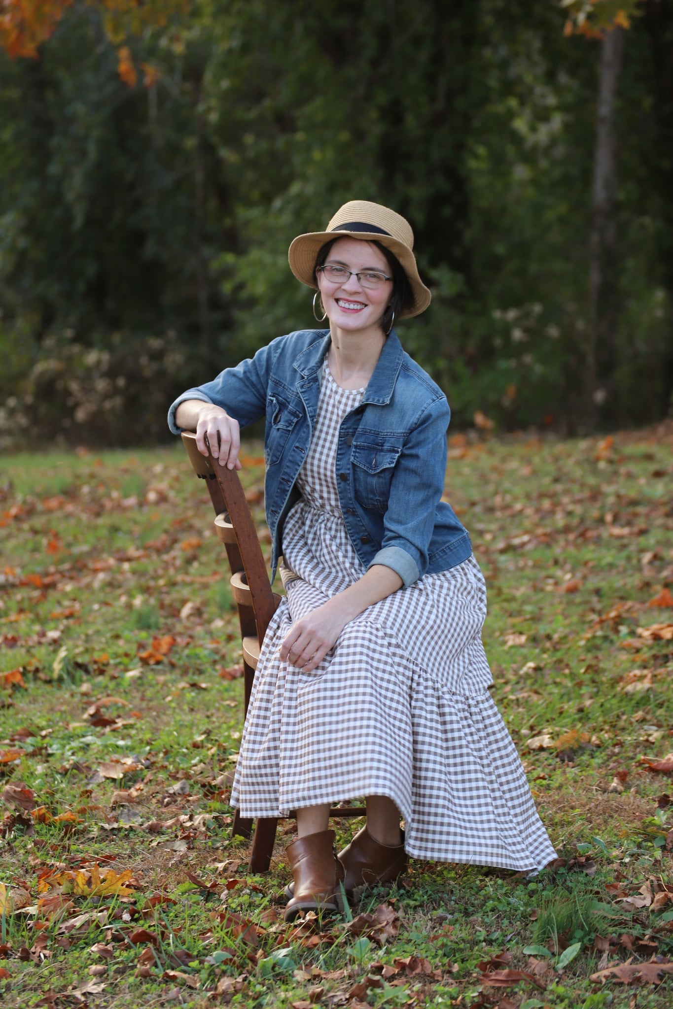 Brown Gingham Cotton Tiered Midi Dress