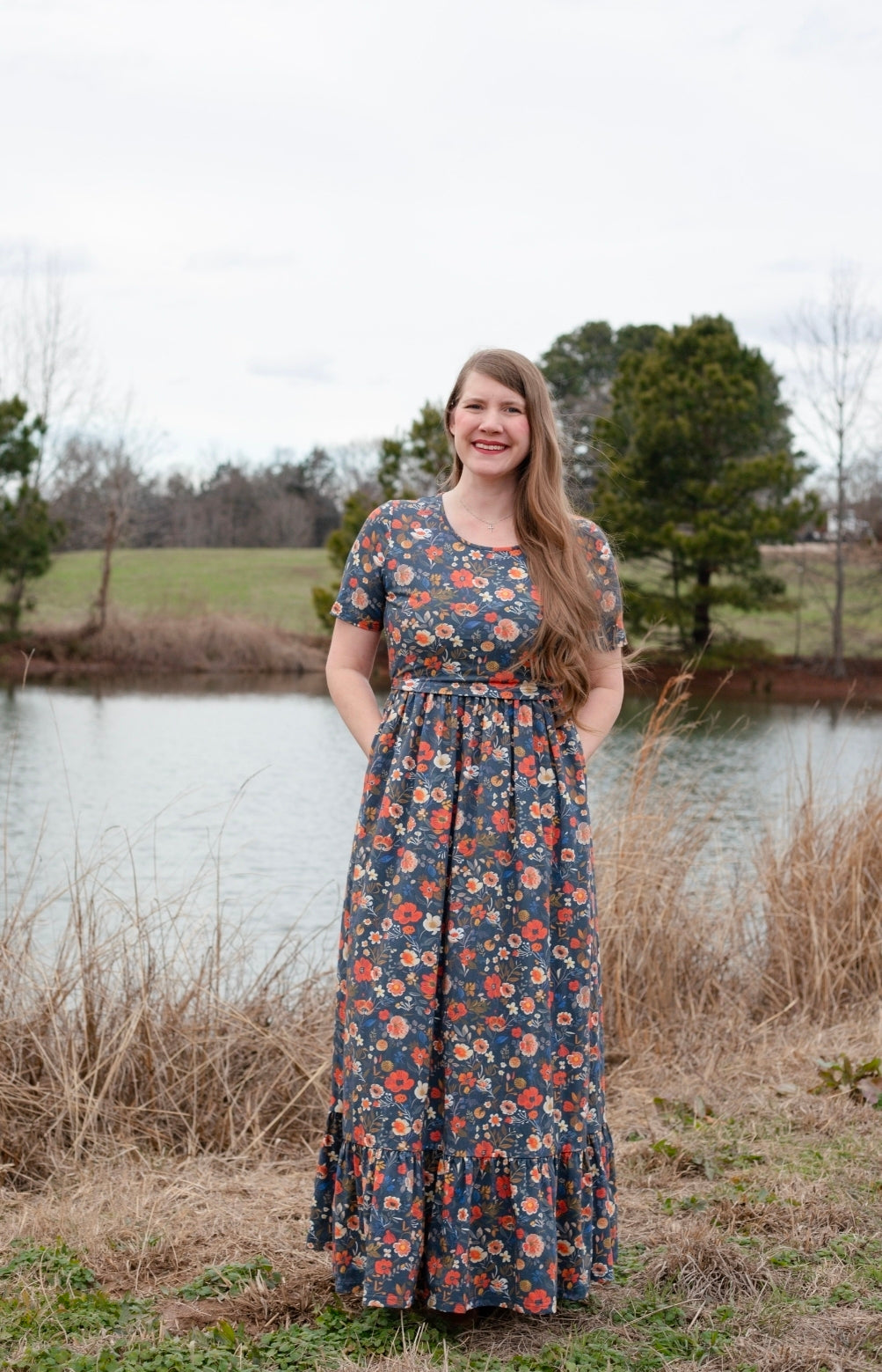 Antique Floral Prairie Style Cotton Maxi Dress with Natural Waist Bodice Nursing Friendly