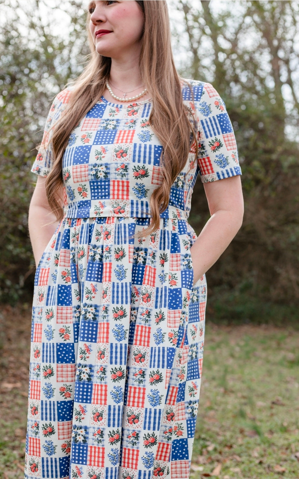 Patriotic Patchwork Prairie Style Cotton Maxi Dress with Natural Waist Bodice Nursing Friendly