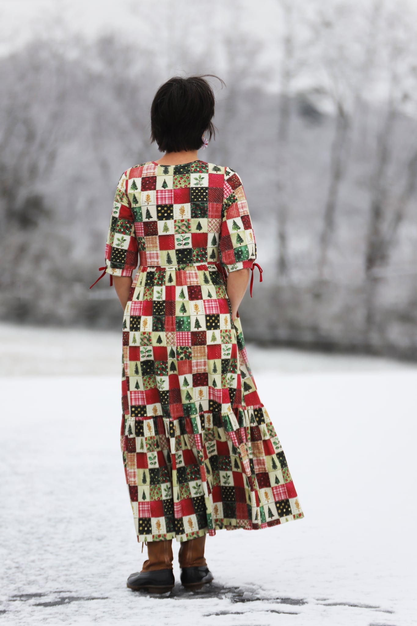 Holiday Patchwork Cotton Tiered Midi Dress