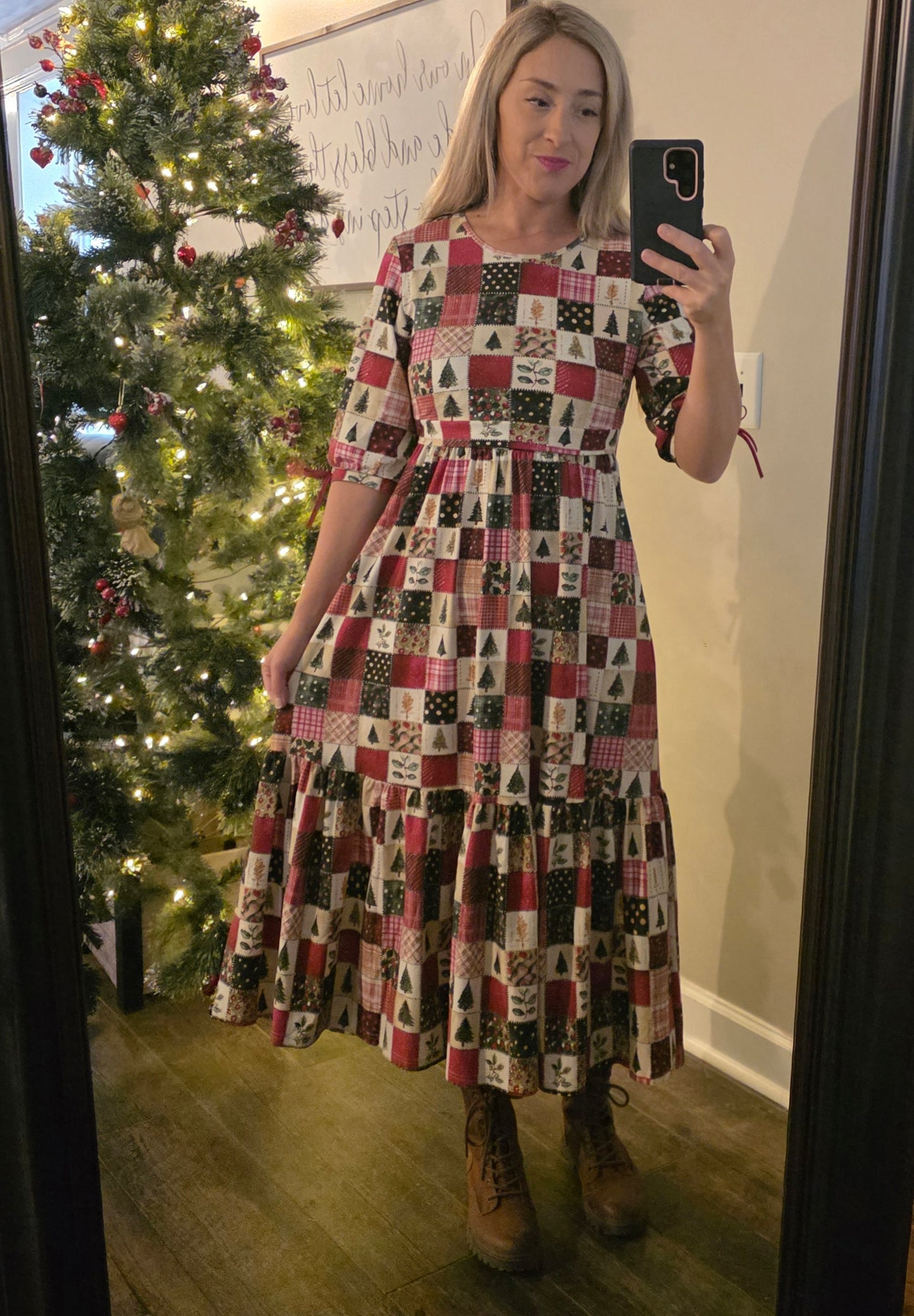 Holiday Patchwork Cotton Tiered Midi Dress