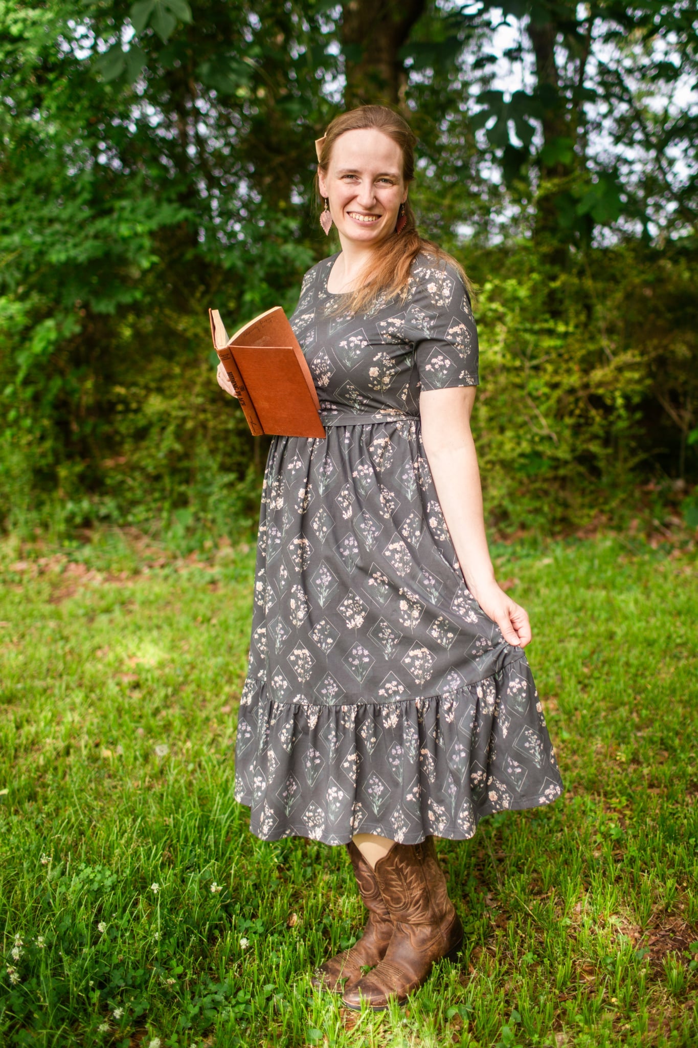 Moonlit Meadow Cotton Midi Dress with Natural Waist Bodice