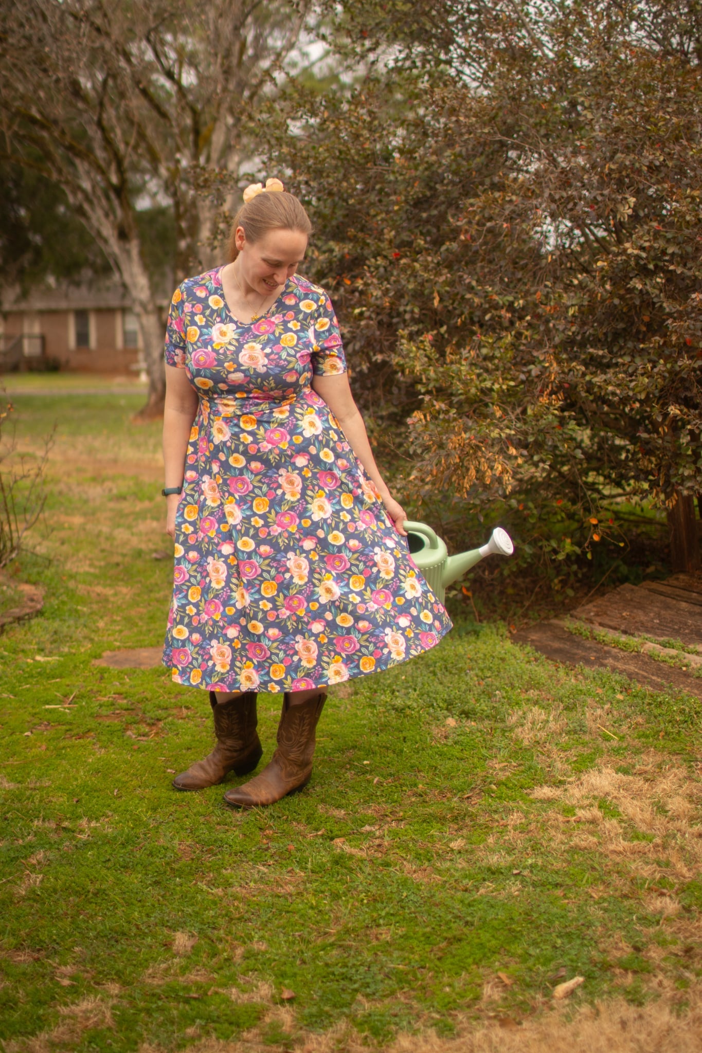 Jeweled Blooms Cotton V-Neck Twirl Dress