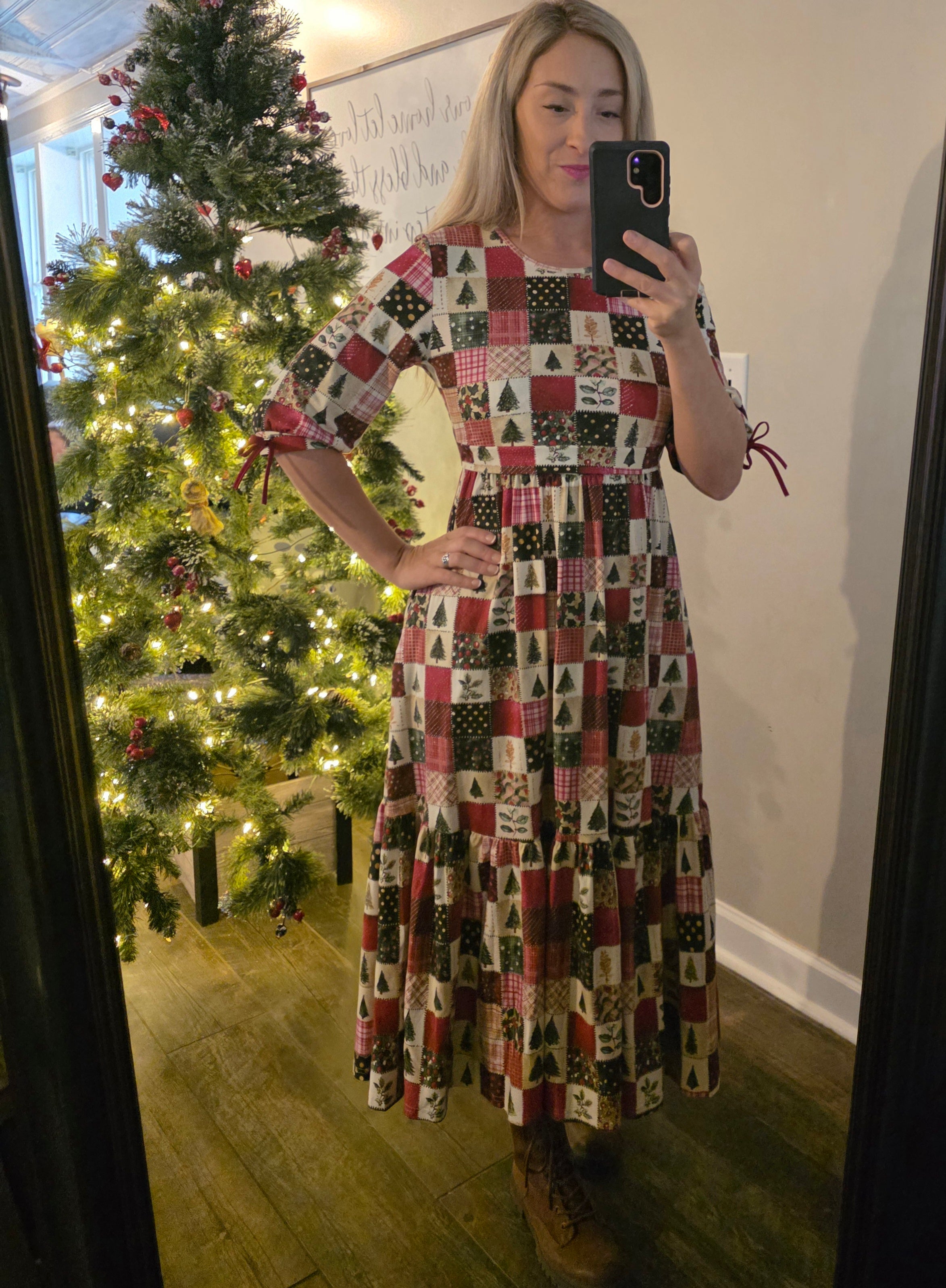 Holiday Patchwork Cotton Tiered Midi Dress