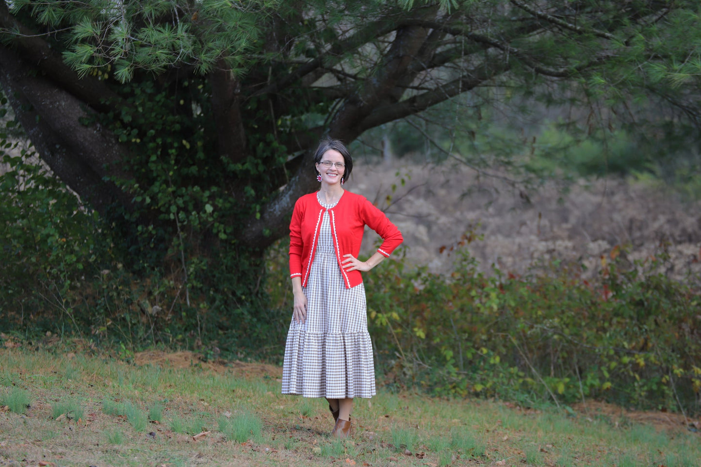 Brown Gingham Cotton Tiered Midi Dress