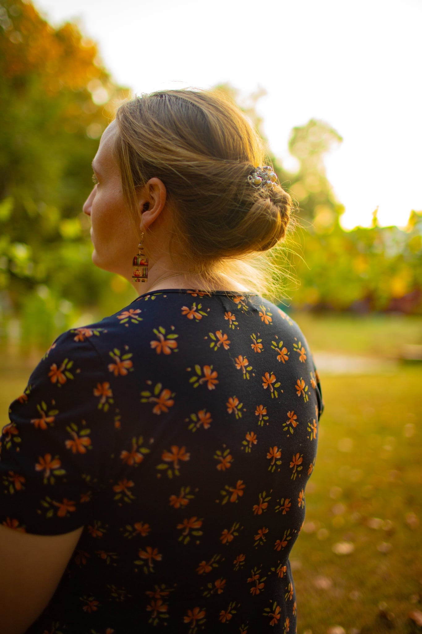 Cotton "Orange Blossom"  Nursing Friendly Dress in Navy
