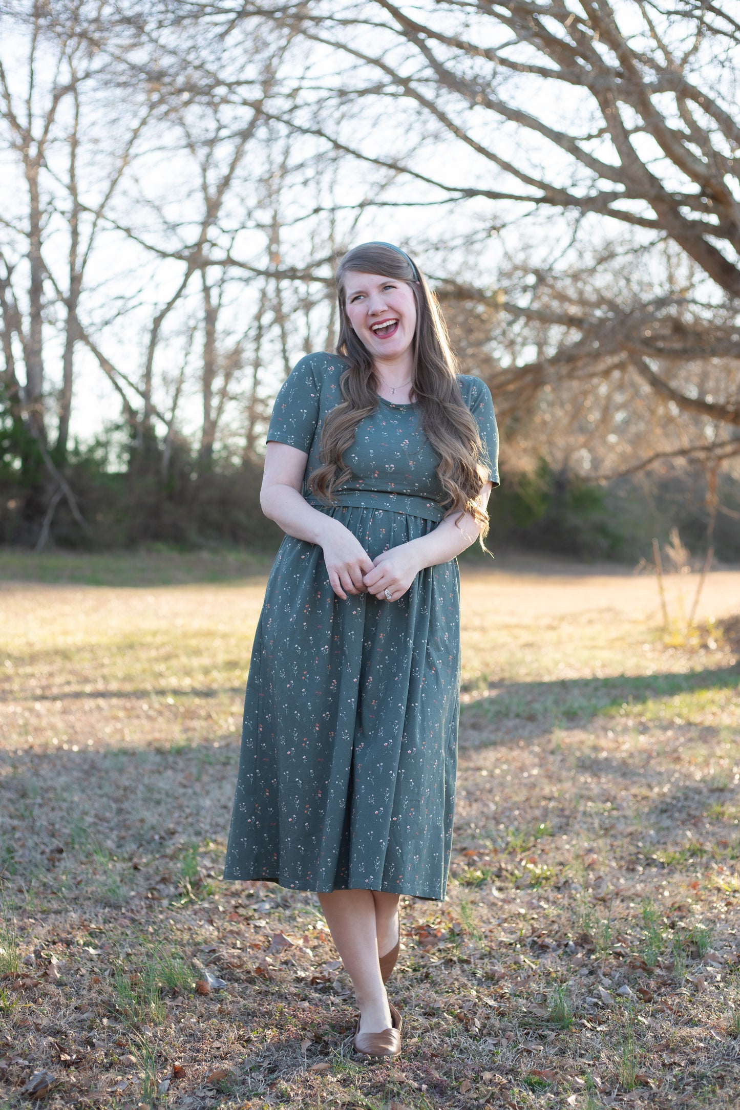 Forest Blooms Cotton MIDI Dress with Natural Waist Bodice
