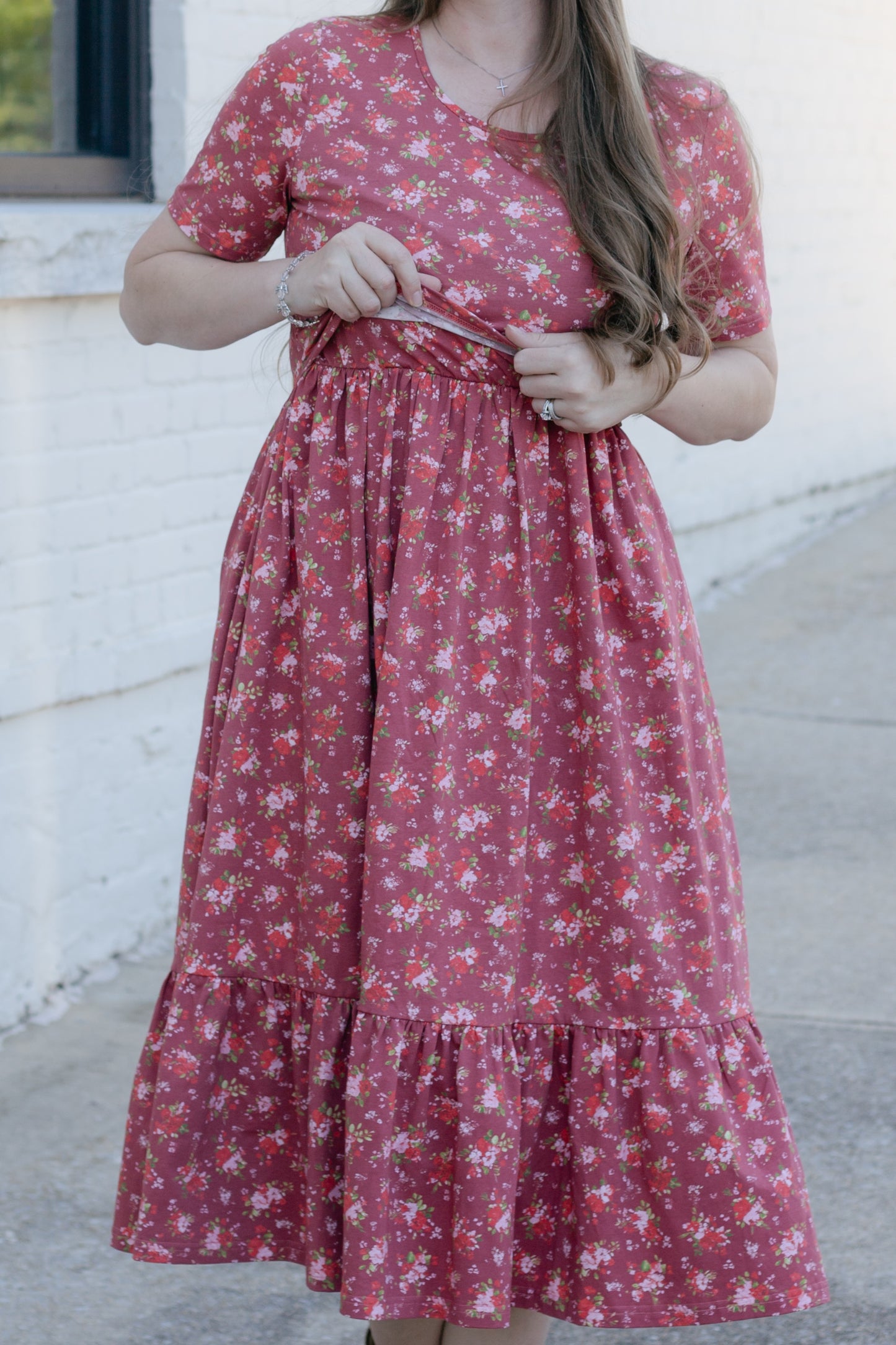 Romantic Blooms Cotton Tiered Midi Dress with Natural Waist Bodice