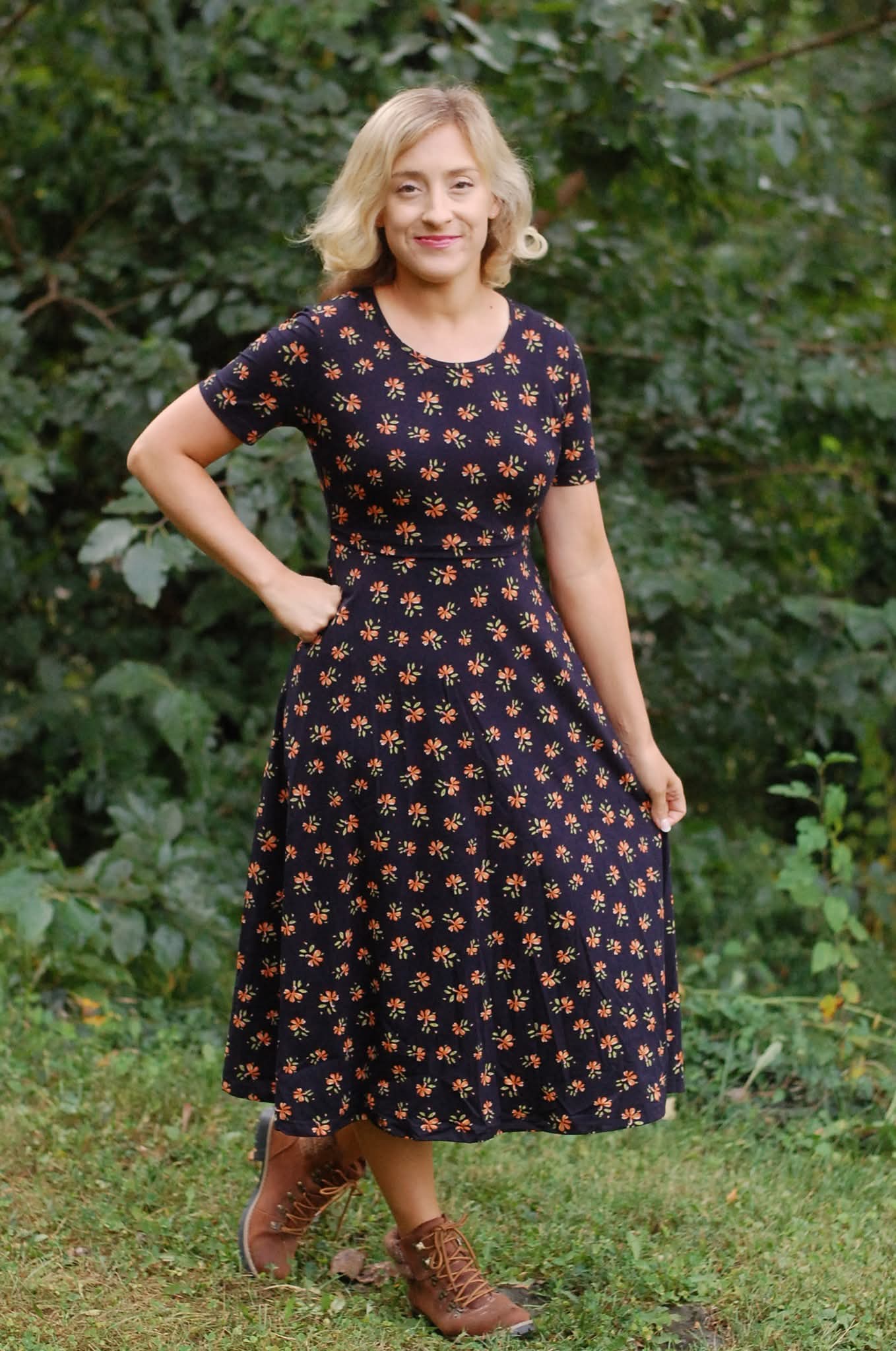 Cotton "Orange Blossom"  Nursing Friendly Dress in Navy