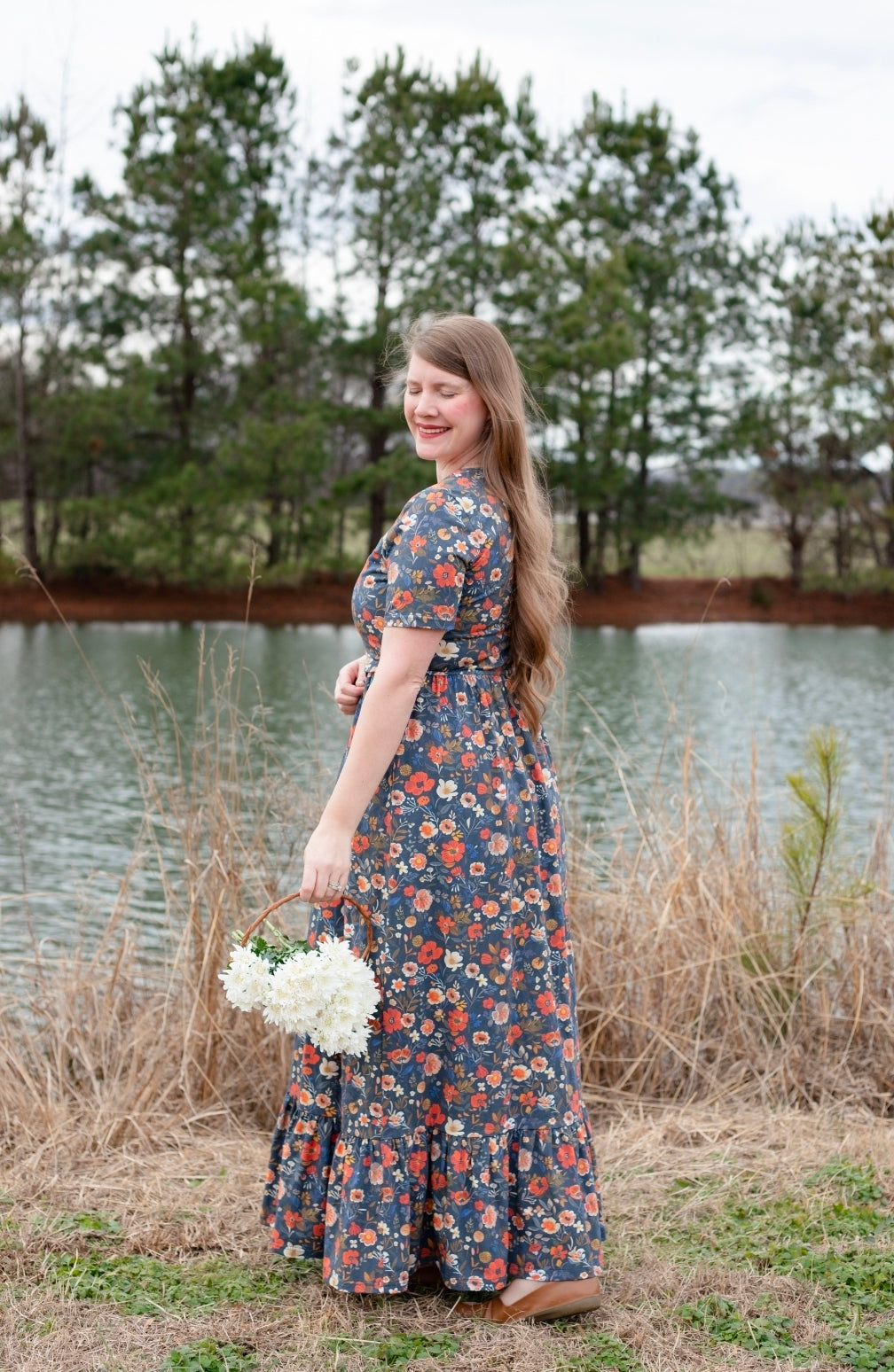 Antique Floral Prairie Style Cotton Maxi Dress with Natural Waist Bodice Nursing Friendly