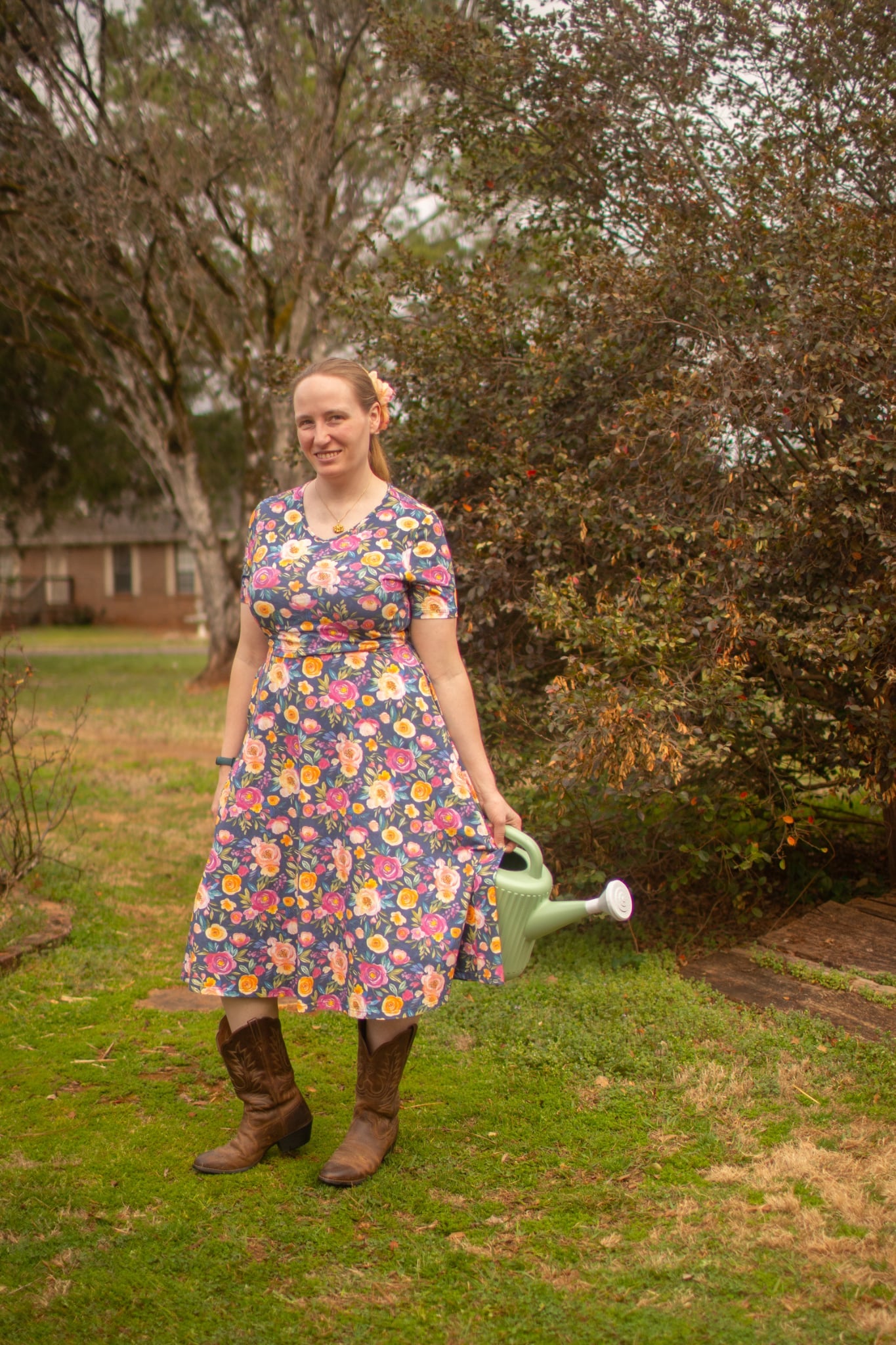 Jeweled Blooms Cotton V-Neck Twirl Dress