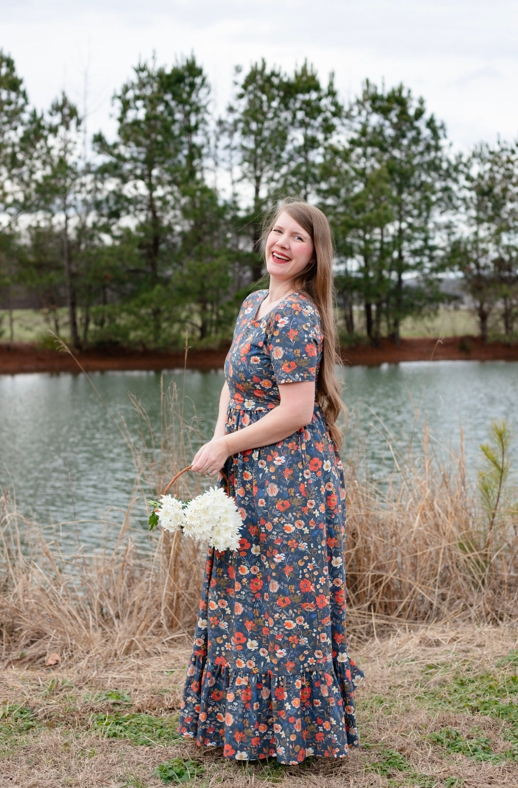Antique Floral Prairie Style Cotton Maxi Dress with Natural Waist Bodice Nursing Friendly