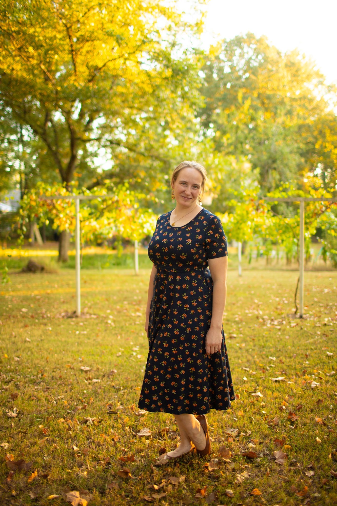Cotton "Orange Blossom"  Nursing Friendly Dress in Navy