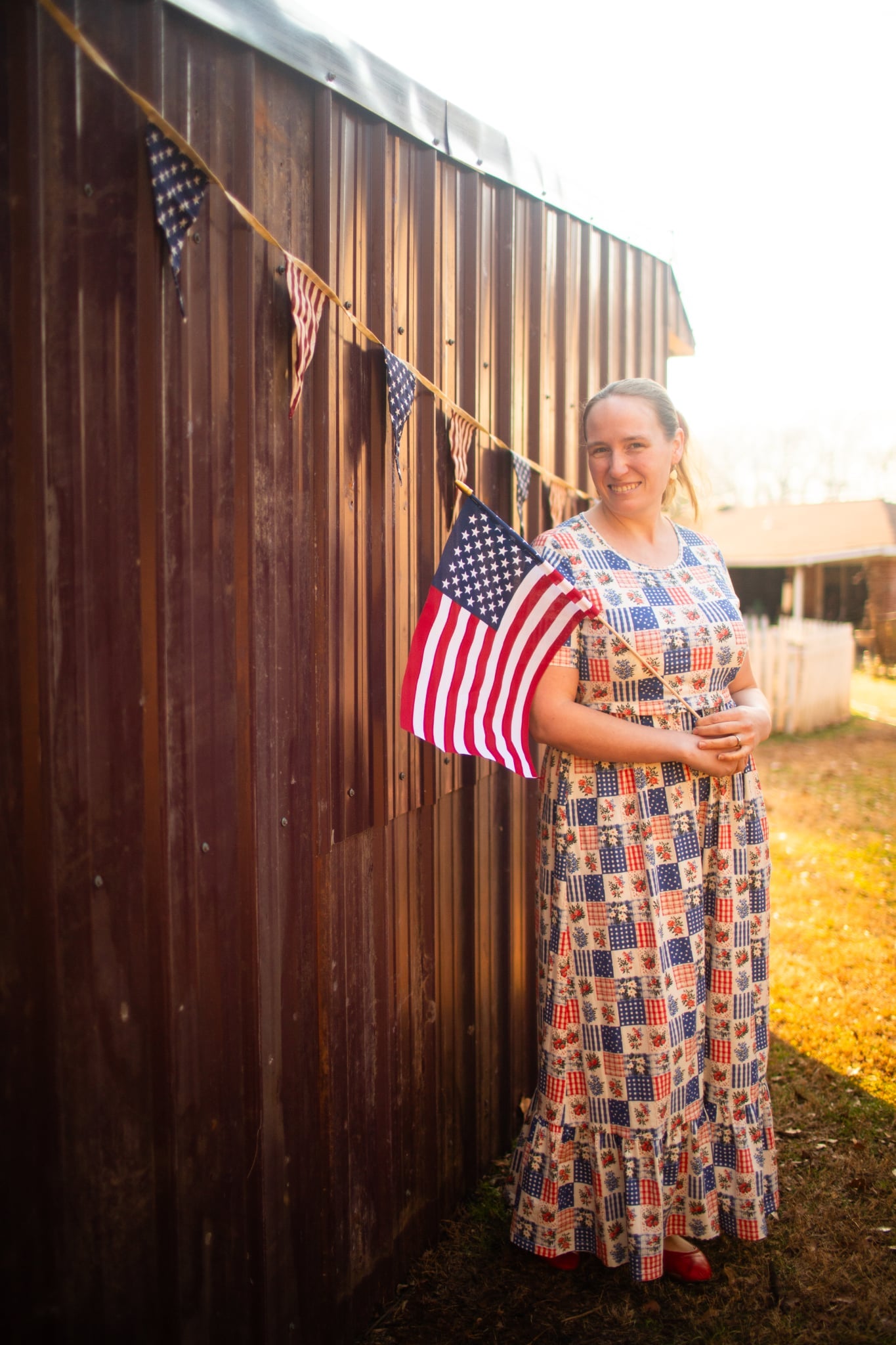Patriotic Patchwork Prairie Style Cotton Maxi Dress with Natural Waist Bodice Nursing Friendly