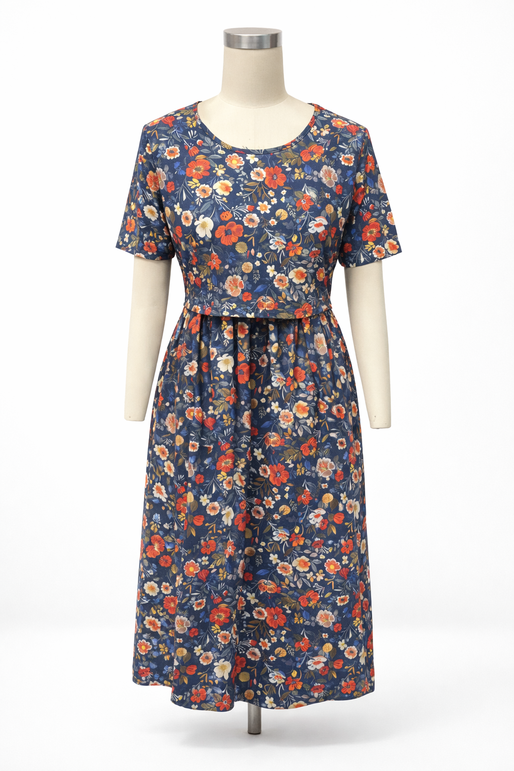 "Antique Floral" Prairie Style Nursing-Friendly Cotton Midi Dress with Natural Waist Bodice Nursing Friendly