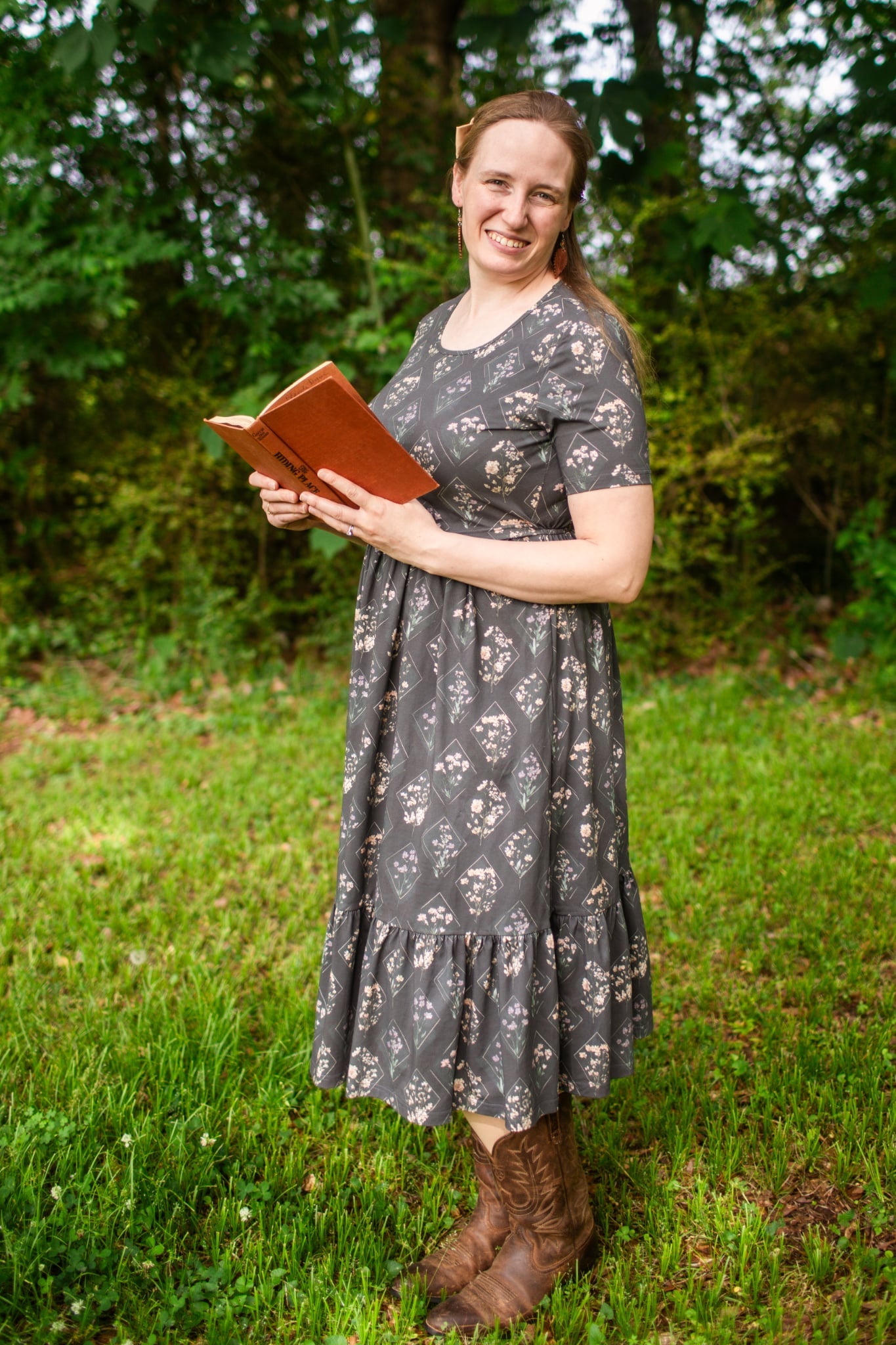 Moonlit Meadow Cotton Midi Dress with Natural Waist Bodice