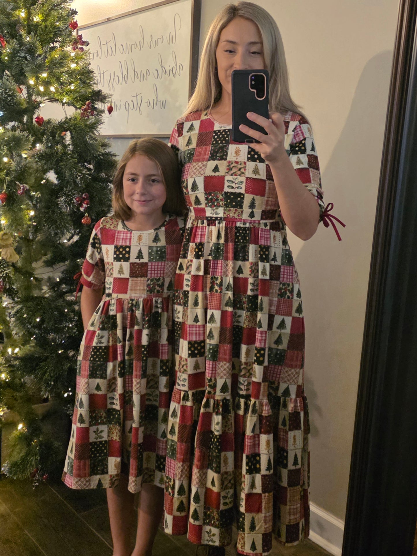 Holiday Patchwork Cotton Tiered Midi Dress